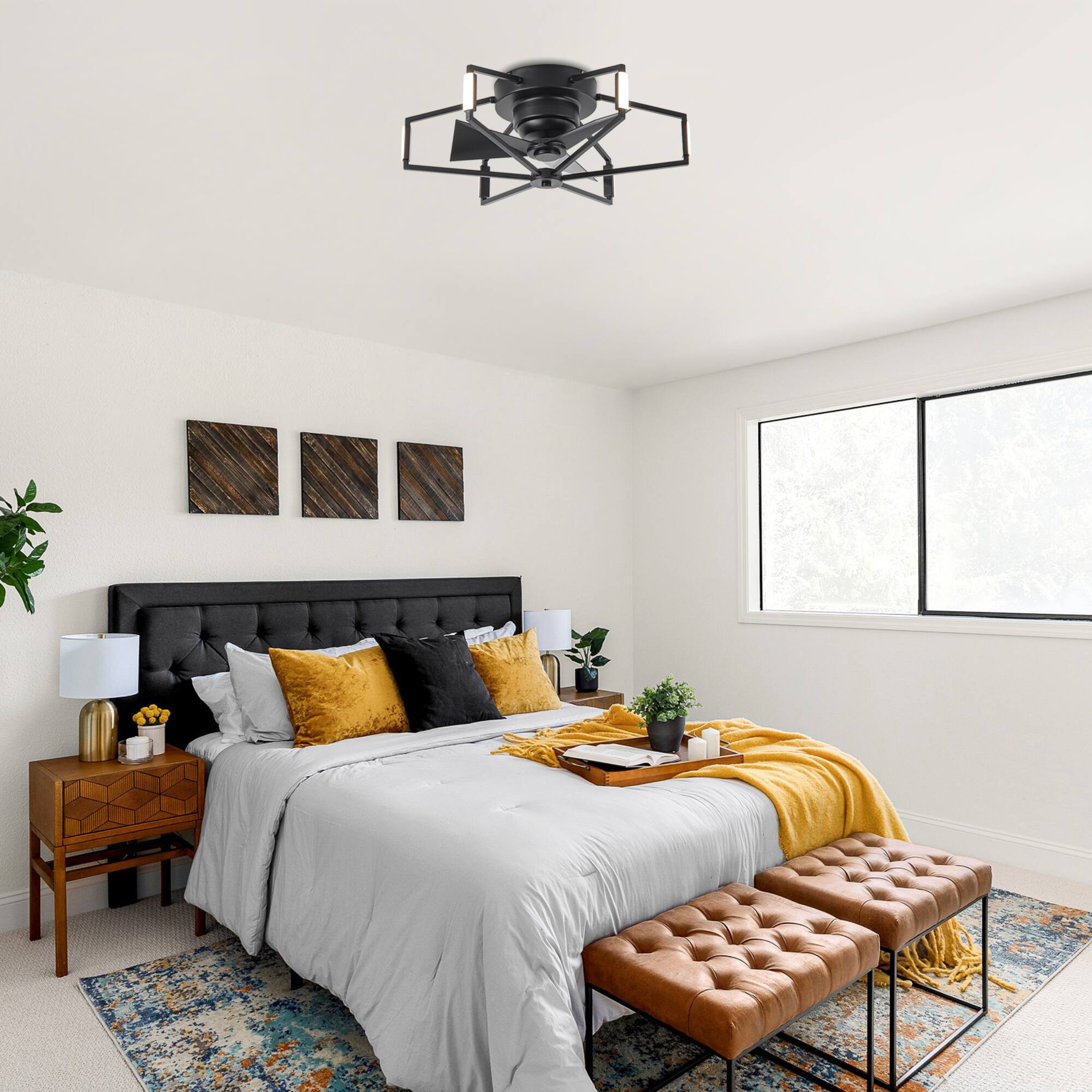 Back. Parrot Uncle - 21" Modern Black Unique Low Profile Caged Ceiling Fan with Light and Remote - Black.