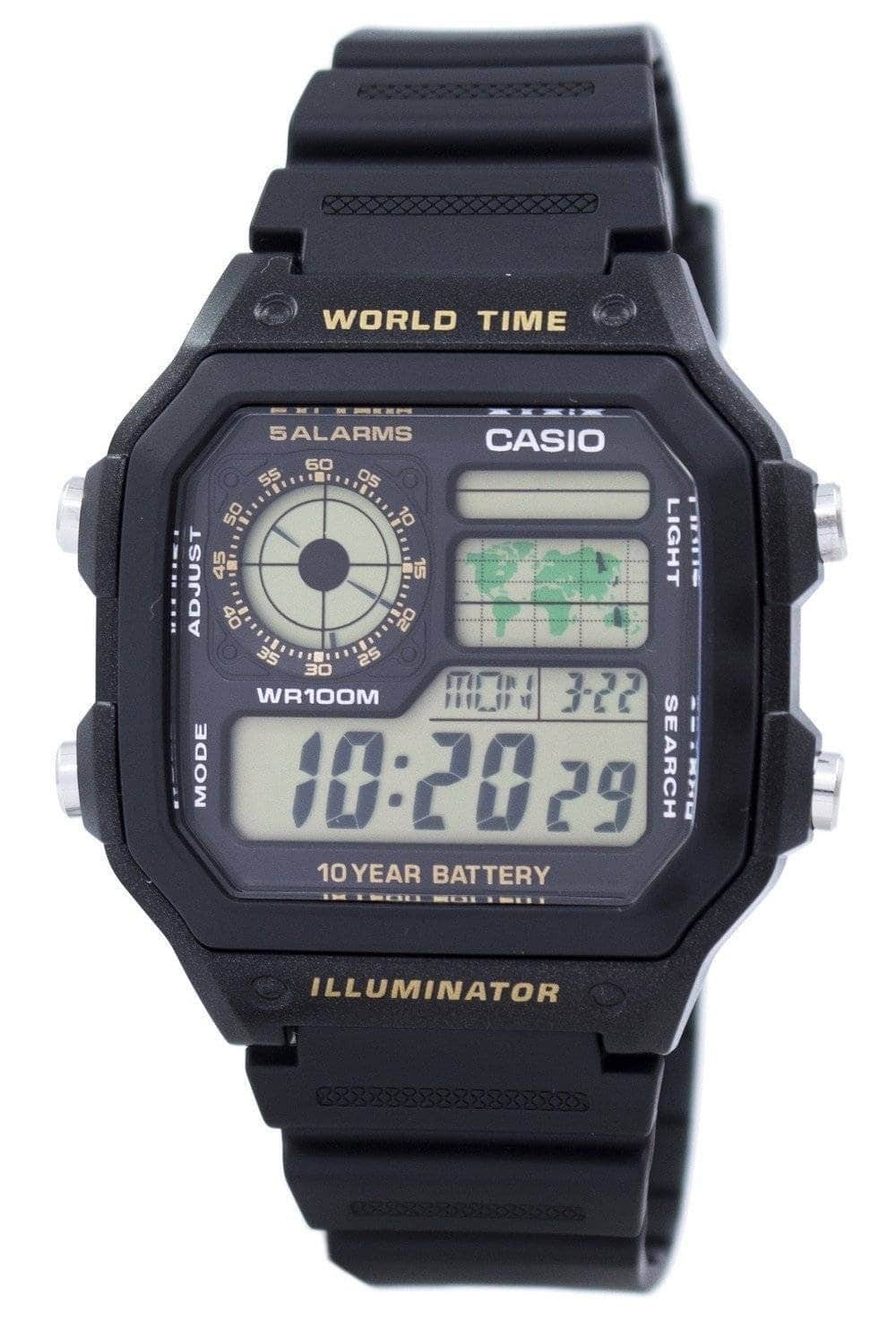 Casio - Digital World Time AE-1200WH-1BV Mens Watch Stopwatch Alarm Timer 100M - Black