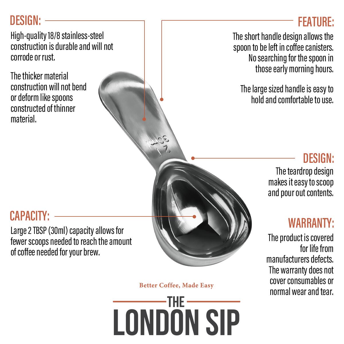 DESIGN: High-quality 18/8 stainless-steel construction is durable and will not corrode or rust. The thicker material construction will not bend or deform like spoons constructed of thinner material.

FEATURE: The short handle design allows the spoon to be left in coffee canisters. No searching for the spoon in those early morning hours. The large sized handle is easy to hold and comfortable to use.

DESIGN: The teardrop design makes it easy to scoop and pour out contents.

CAPACITY: Large 2 TBSP (30ml) capacity allows for fewer scoops needed to reach the amount of coffee needed for your brew.

WARRANTY: The product is covered for life from manufacturers defects. The warranty does not cover consumables or normal wear and tear.