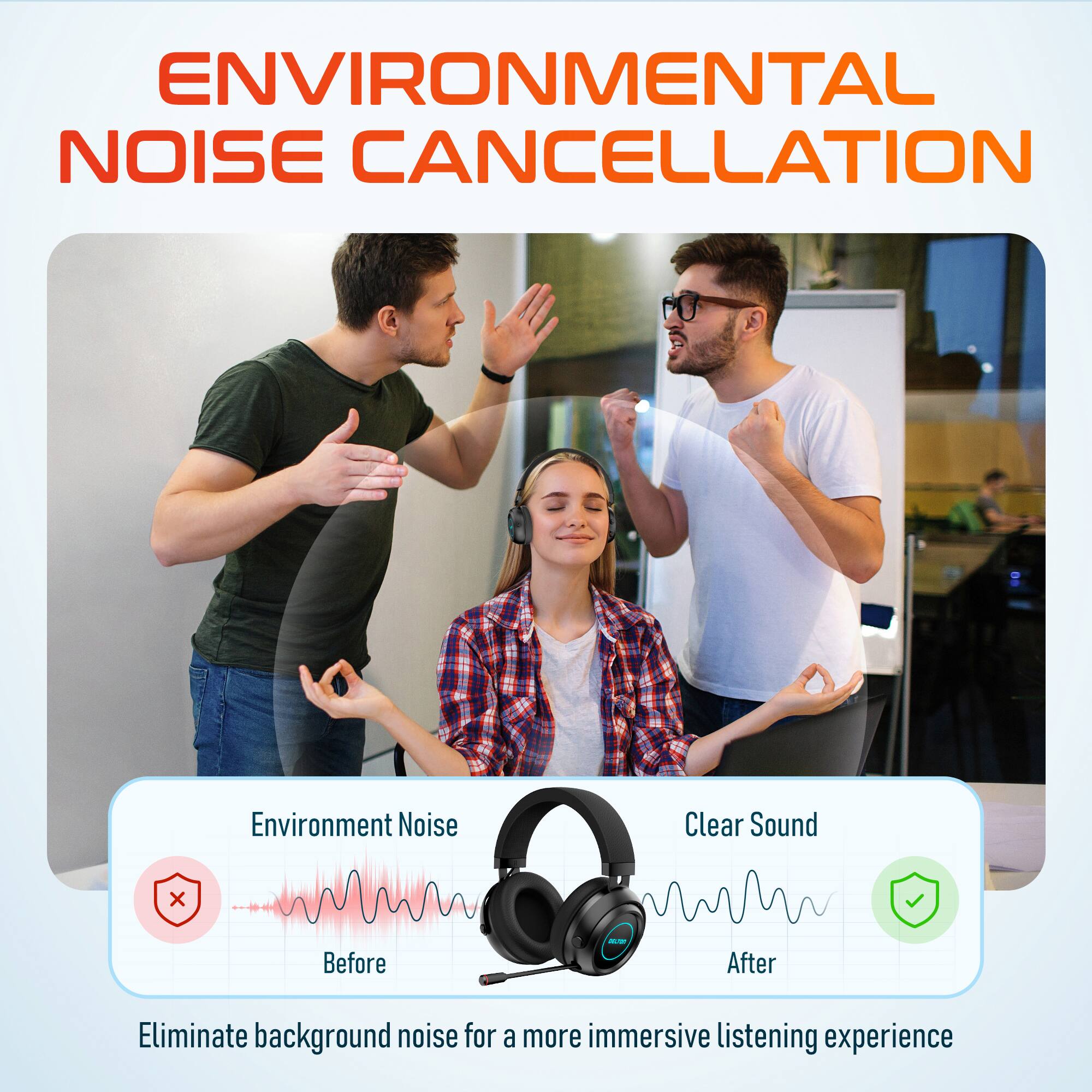 ENVIRONMENTAL NOISE CANCELLATION Environment Noise Clear Sound Before After Eliminate background noise for a more immersive listening experience