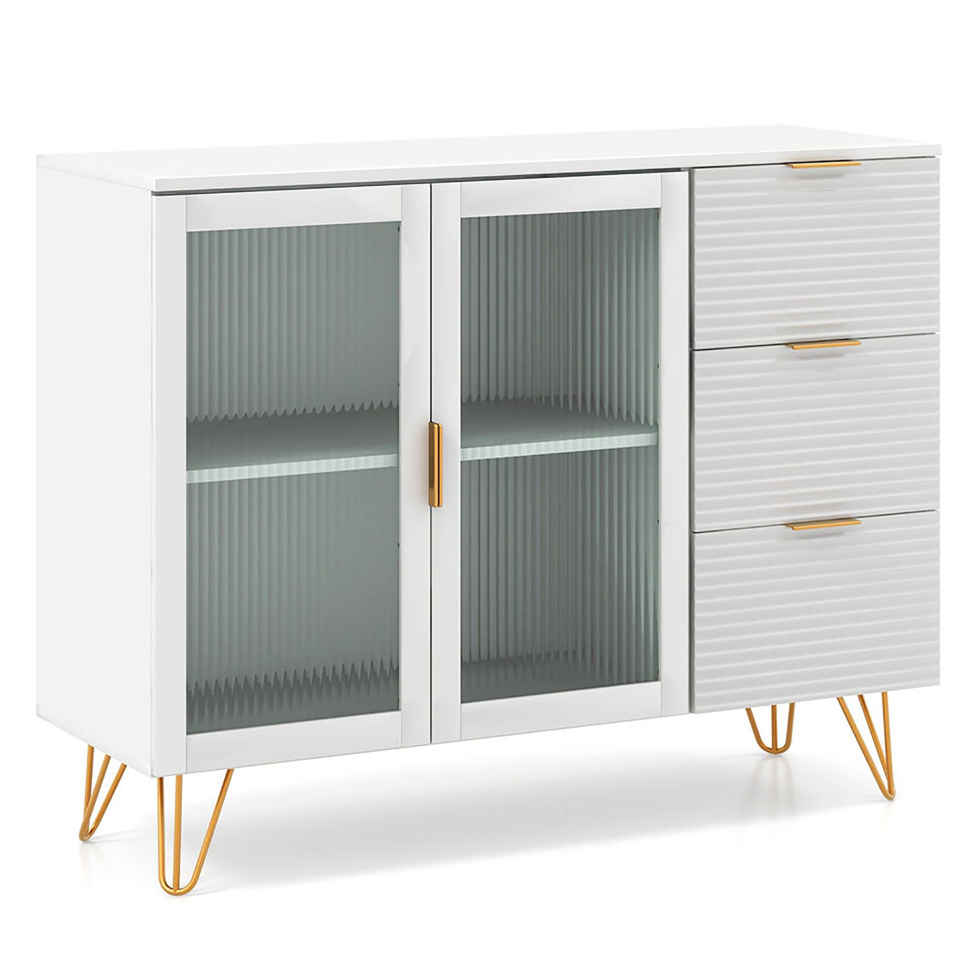Alt View 9. Gymax - Gymax Buffet Server Sideboard w/ 2 Tempered Glass Doors & 3 Drawers for Kitchen White - White, Gold.