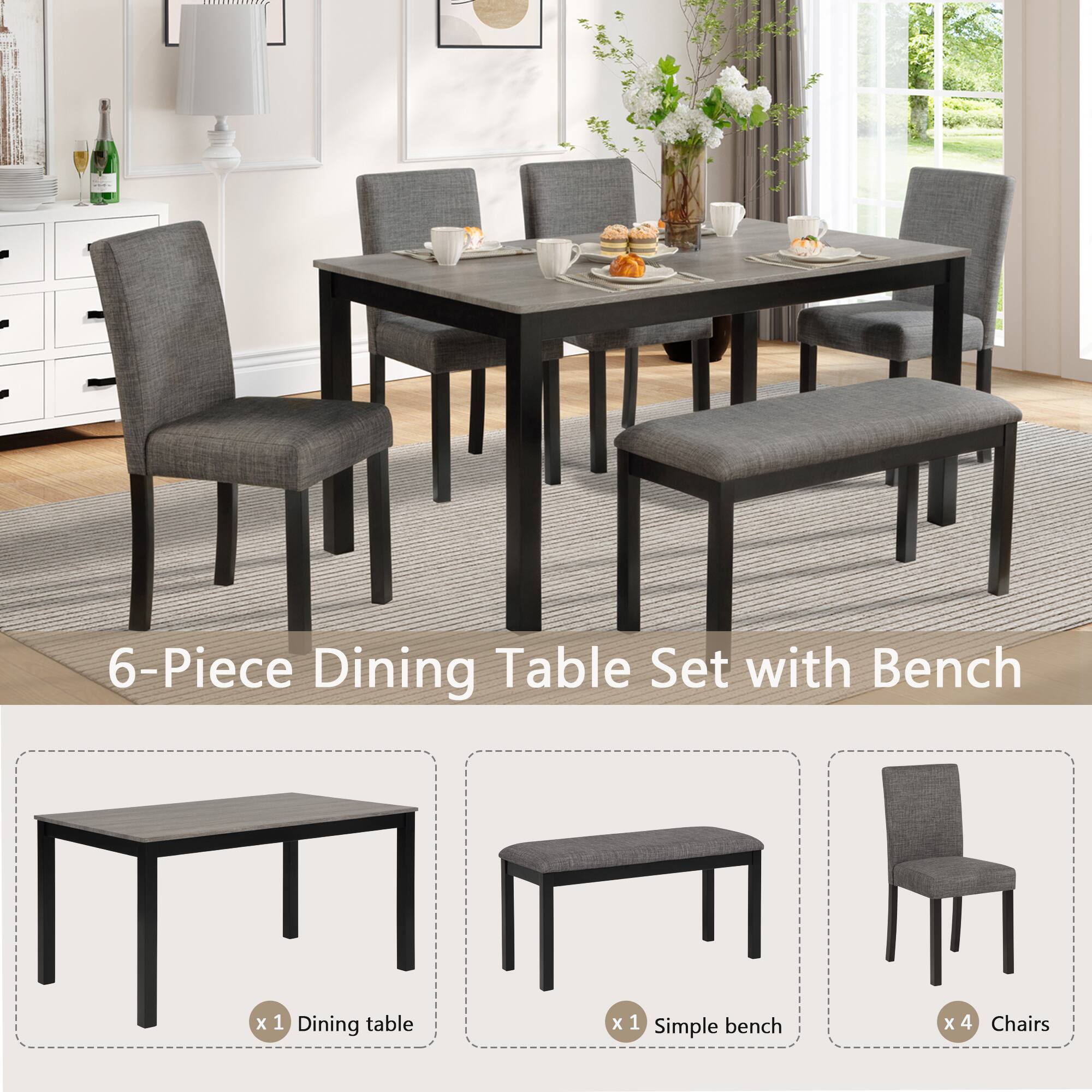 6-Piece Dining Table Set with Bench

x1 Dining table  
x1 Simple bench  
x4 Chairs