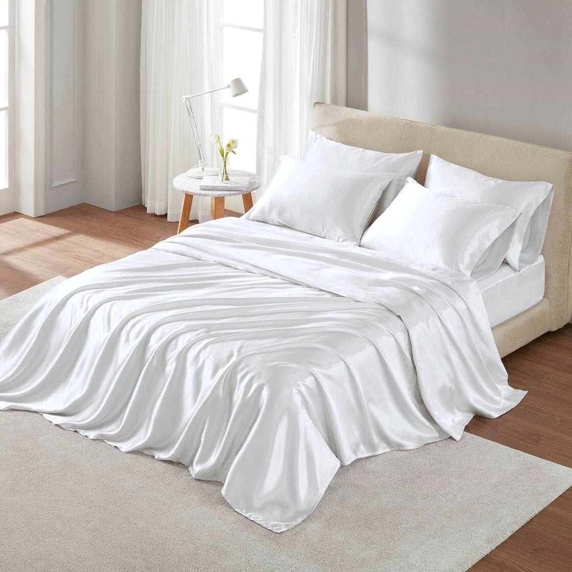 Alt View 1. Gracie Mills - Gracie Mills Coralie 6-Piece Wrinkle-free Satin Sheet Set - White.