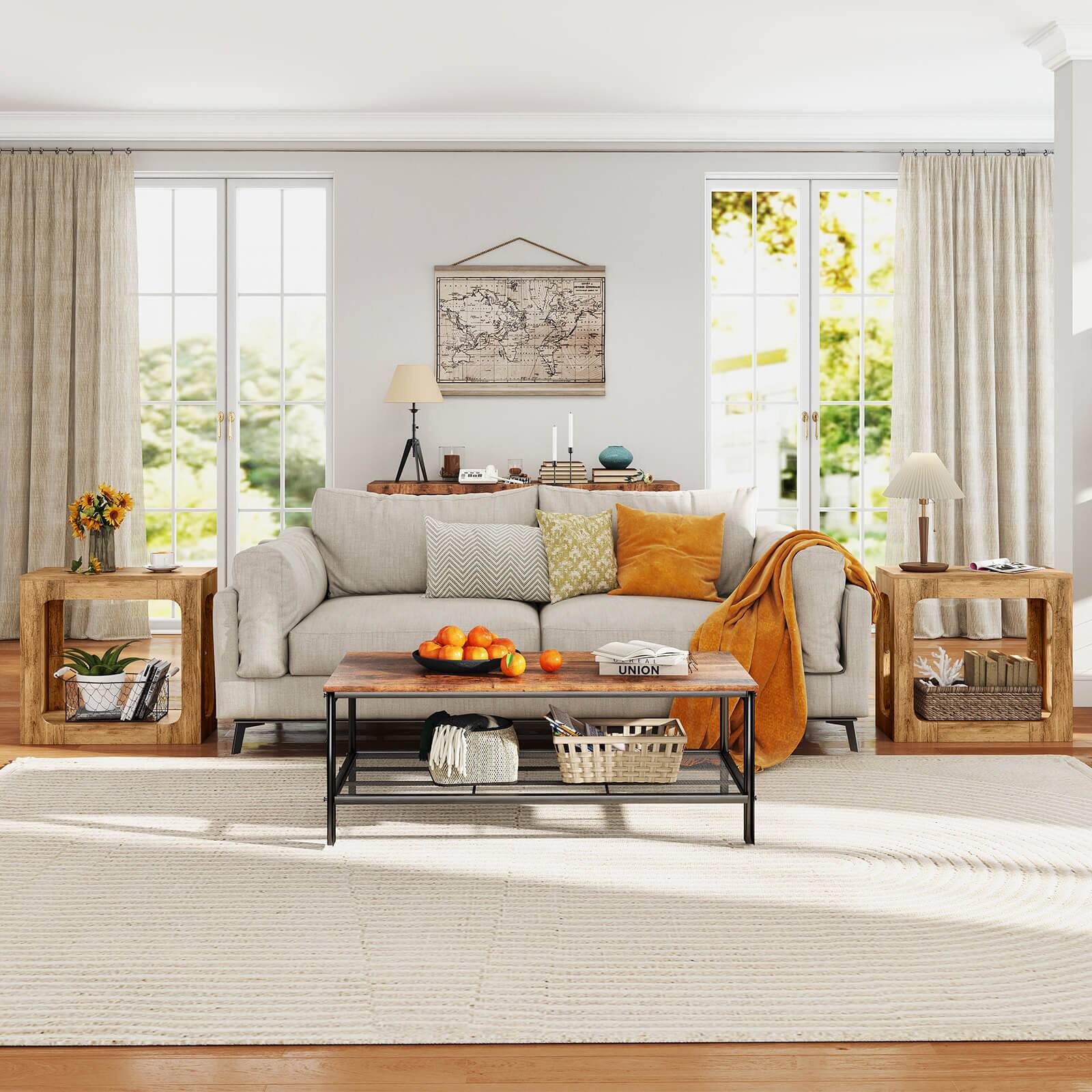 Alt View 5. Costway - Costway 2 PCS 2-Tier End Table with Storage Shelf Hollow-out Design for Living Room - Brown.