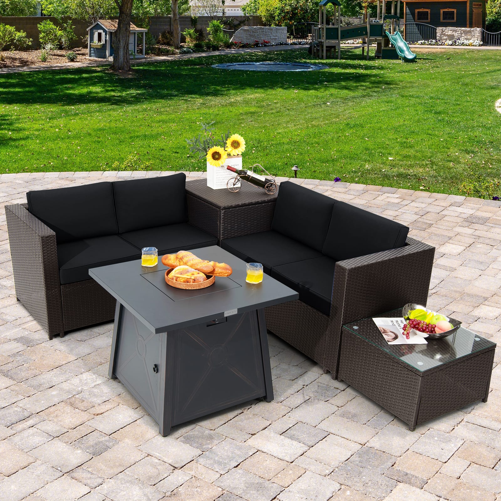 Gymax - 5PCS Outdoor Patio Furniture Set w/ 50000 BTU Propane Fire Pit Table Cushions - Black