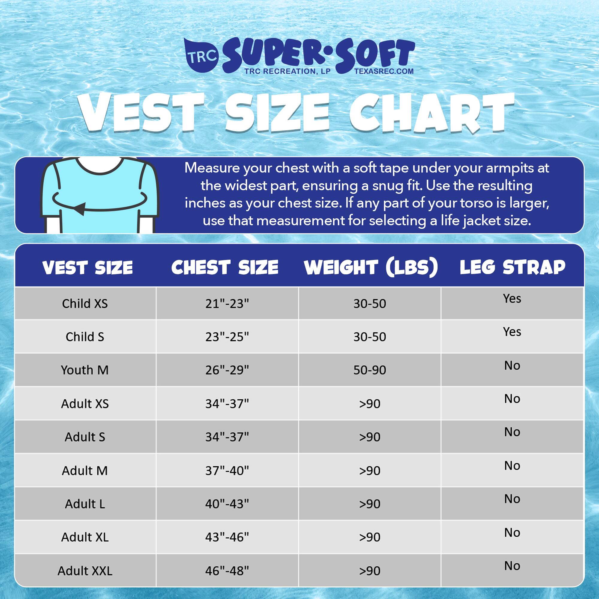 **TRC SUPER SOFT TRC RECREATION, LP TEXASREC.COM**

**VEST SIZE CHART**

Measure your chest with a soft tape under your armpits at the widest part, ensuring a snug fit. Use the resulting inches as your chest size. If any part of your torso is larger, use that measurement for selecting a life jacket size.

| VEST SIZE | CHEST SIZE | WEIGHT (LBS) | LEG STRAP |
|----------|-----------|-------------|-----------|
| Child XS | 21"-23"   | 30-50       | Yes       |
| Child S  | 23"-25"   | 30-50       | Yes       |
| Youth M  | 26"-29"   | 50-90       | No        |
| Adult XS| 34"-37"   | >90         | No        |
| Adult S | 34"-37"   | >90         | No        |
| Adult M | 37"-40"   | >90         | No        |
| Adult L | 40"-43"   | >90        