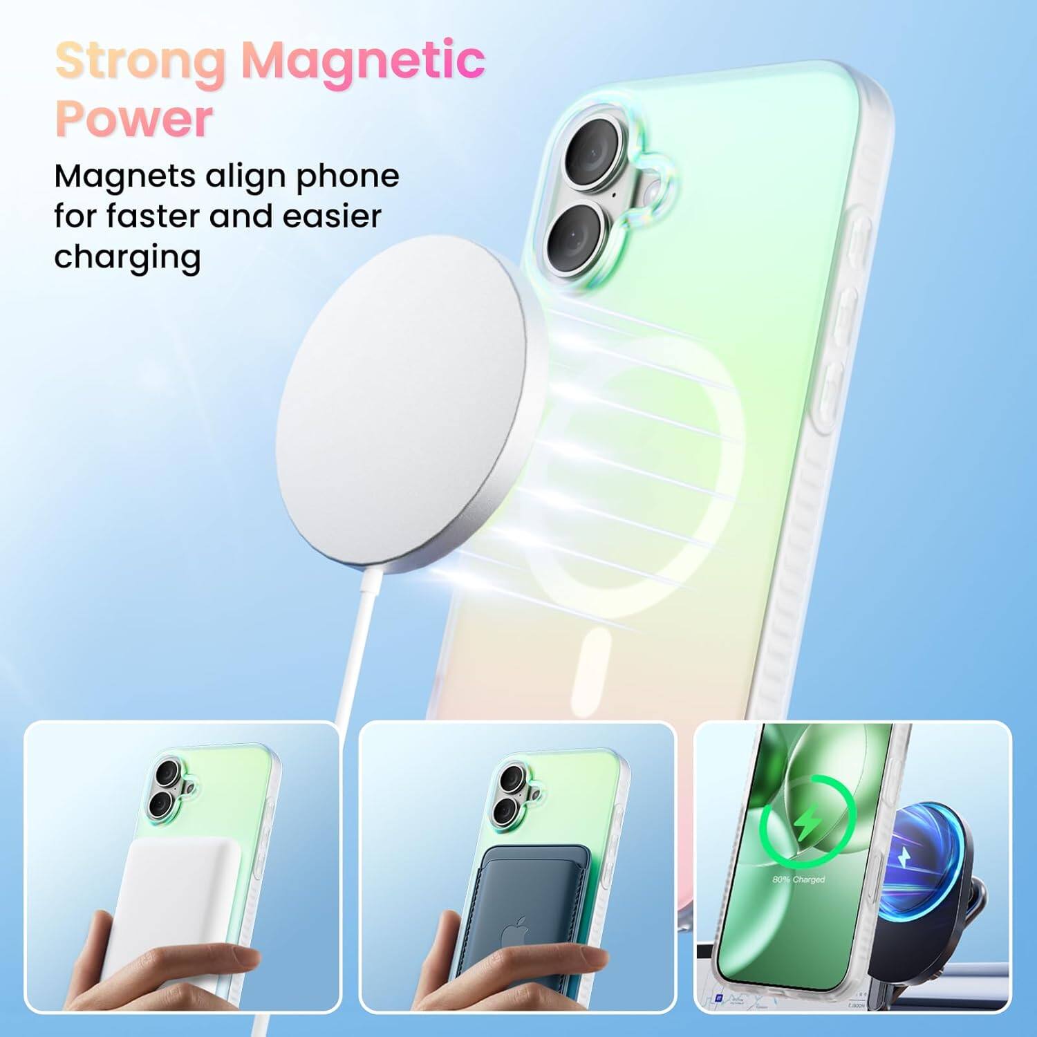 Strong Magnetic Power Magnets align phone for faster and easier charging 60% Charged