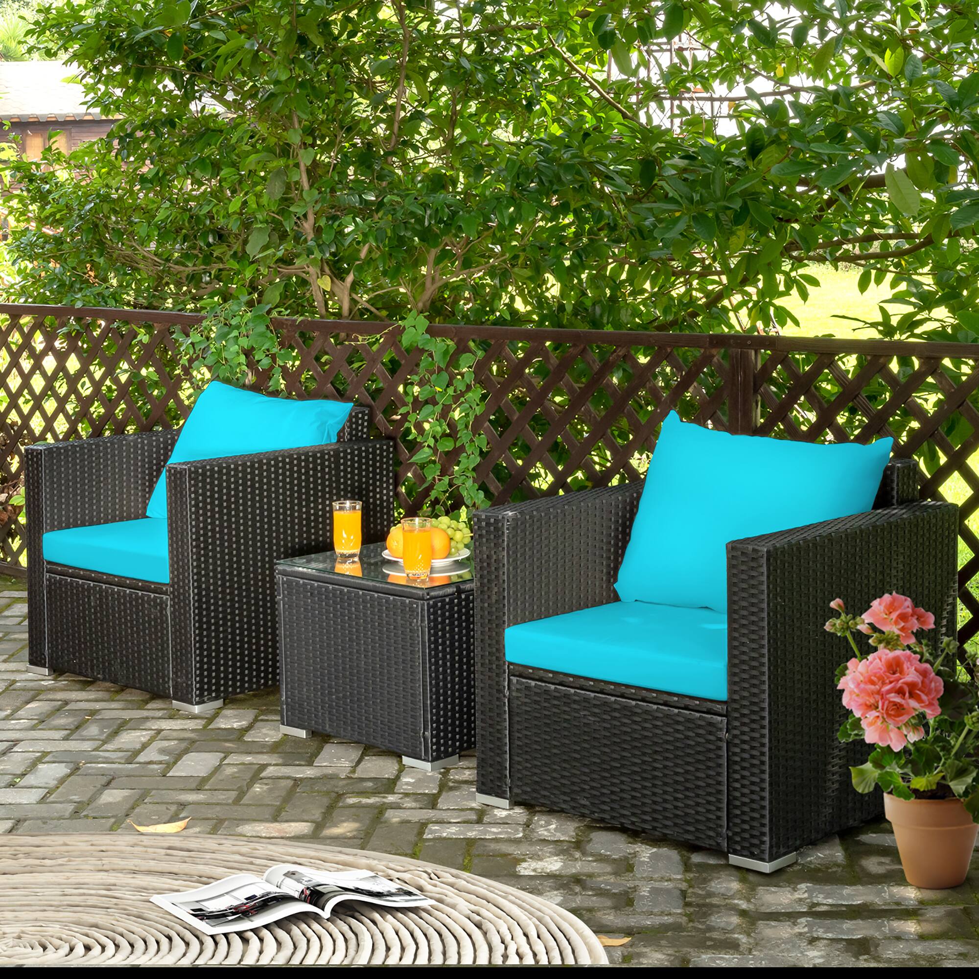 Alt View 3. Costway - 3PCS Patio Rattan Wicker Furniture Set Sofa Table W/Cushion - Turquoise.