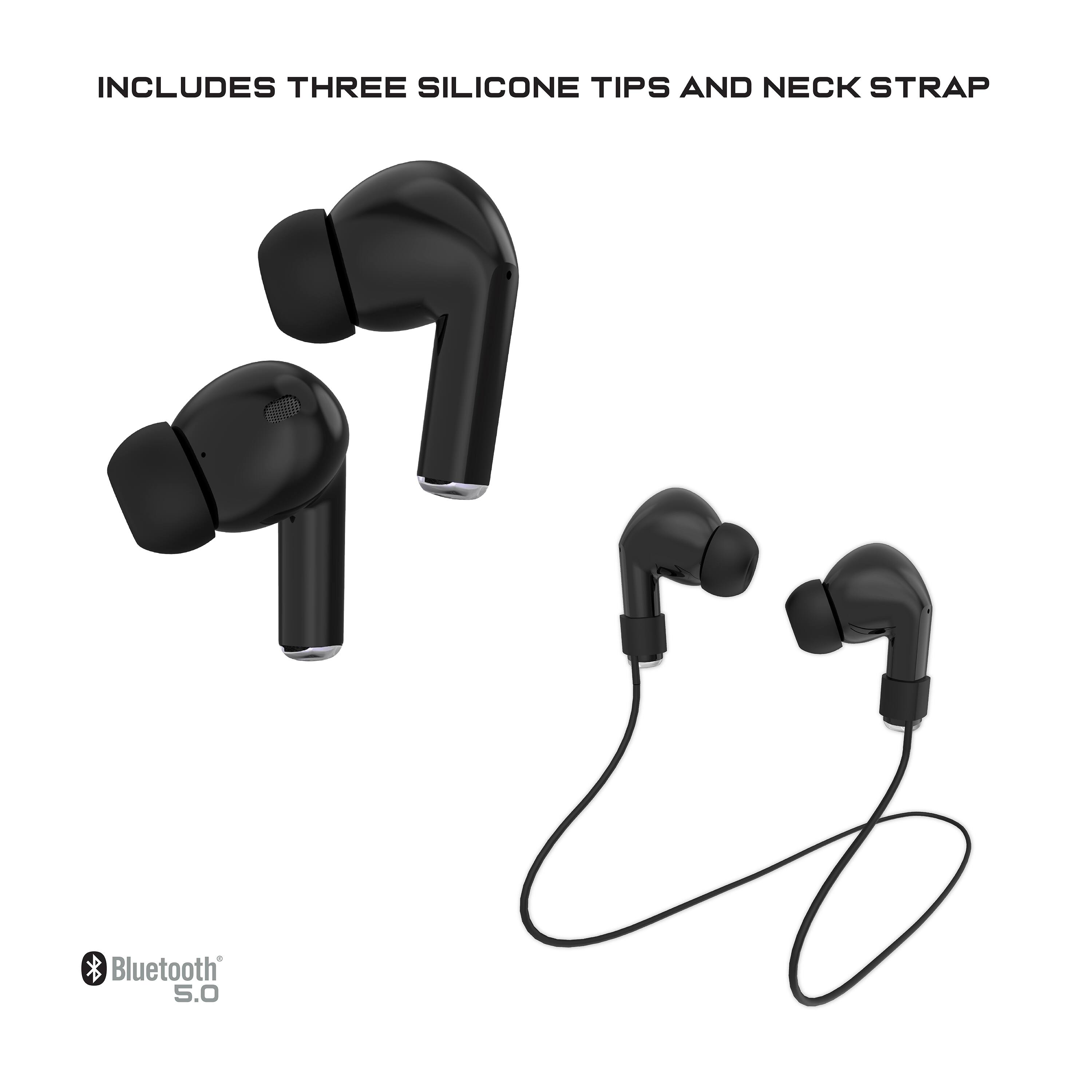 INCLUDES THREE SILICONE TIPS AND NECK STRAP

Bluetooth 5.0