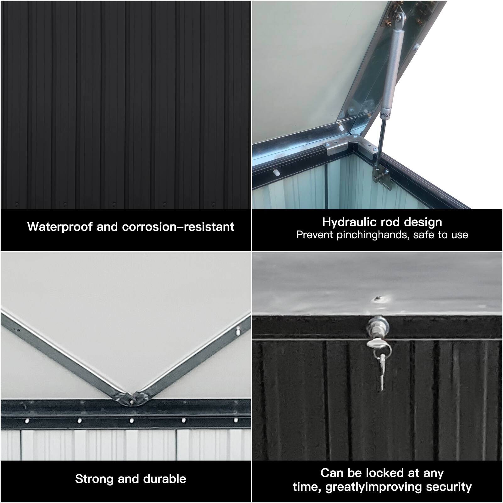 - Waterproof and corrosion-resistant
- Hydraulic rod design: Prevent pinching hands, safe to use
- Strong and durable
- Can be locked at any time, greatly improving security