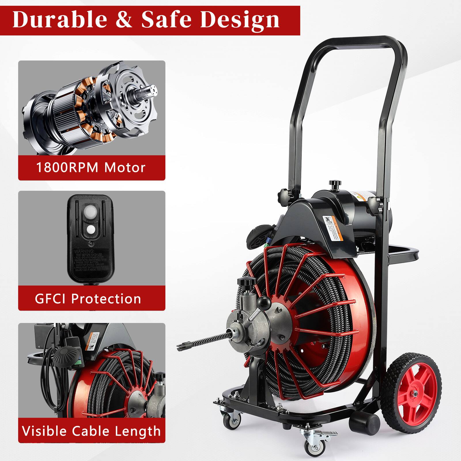 Durable & Safe Design  
1800RPM Motor  
GFCI Protection  
Visible Cable Length