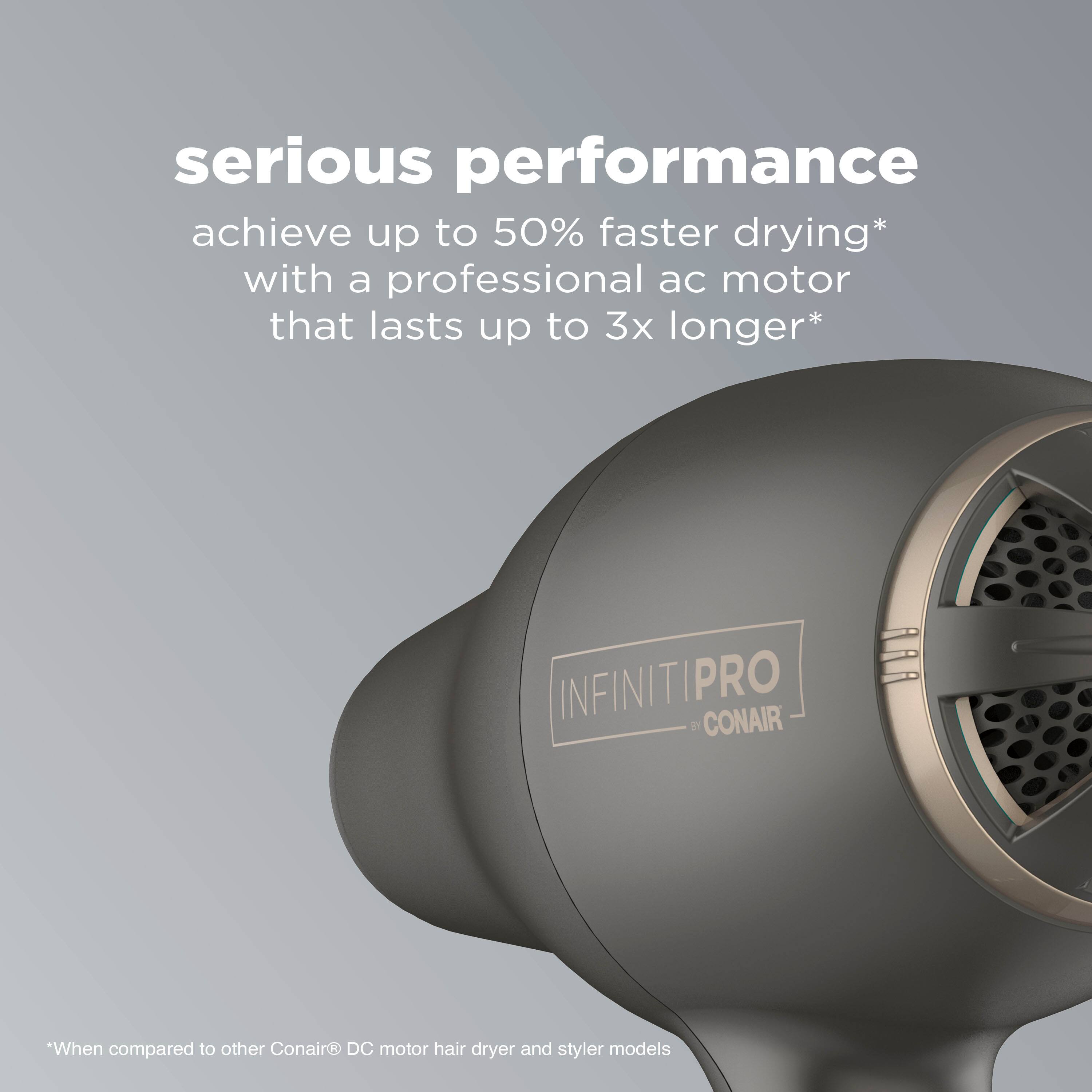 Serious performance: achieve up to 50% faster drying with a professional AC motor that lasts up to 3x longer. INFINITIPRO CONAIR BY. When compared to other Conair DC motor hair dryer and styler models.