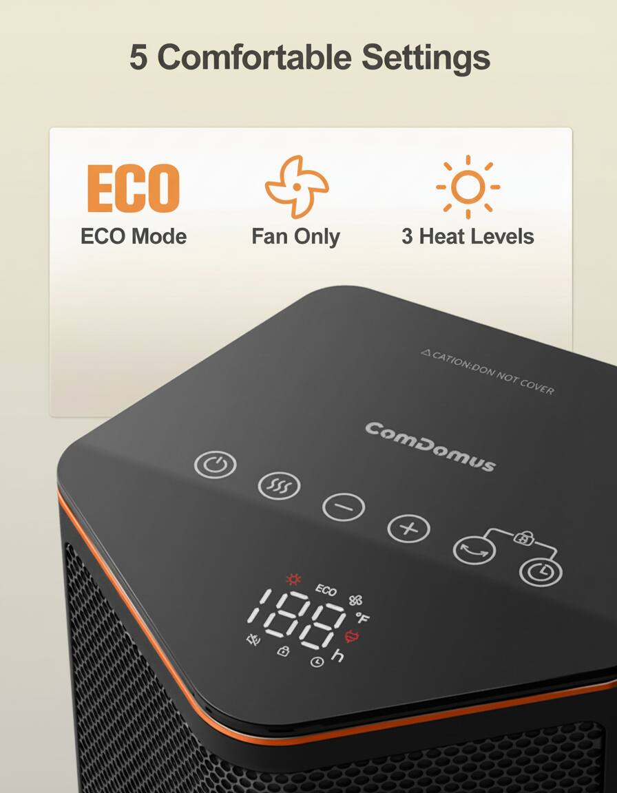 5 Comfortable Settings

ECO Mode  
Fan Only  
3 Heat Levels  

CAUTION: DO NOT COVER  

ComDomus  

12:00  
83°F  
h