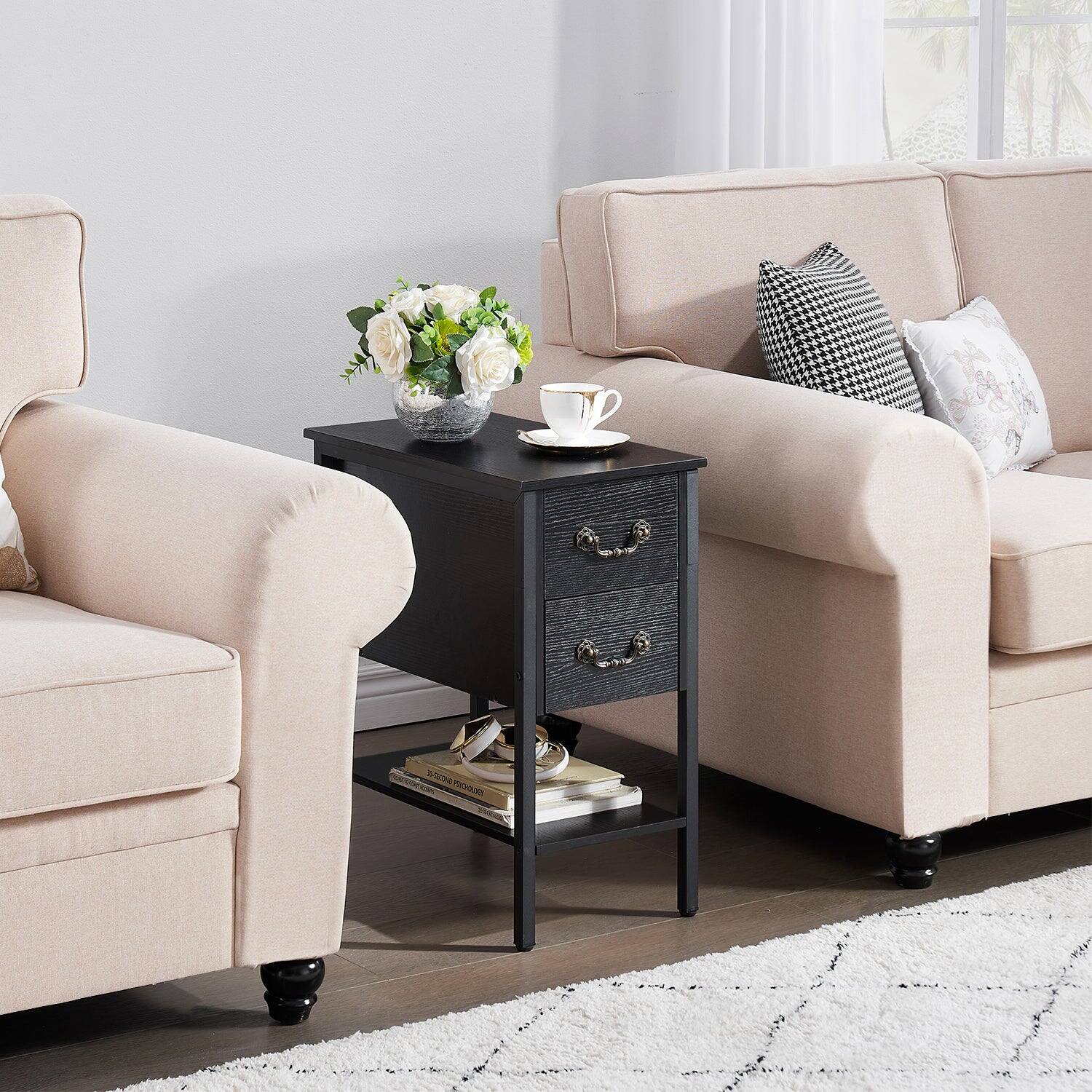 Alt View 4. Vecelo - Set of 2 Industrial Nightstand with 2 Drawers-Narrow End Table with Metal Frame, 11.8" Thin Side Table for Small Spaces - Black.