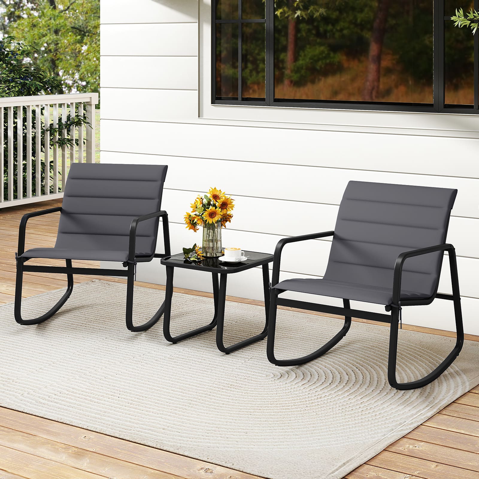 Gymax - 3PCS Outdoor Rocking Bistro Set w/Tempered Glass Table Soft Cushions for Garden - Black