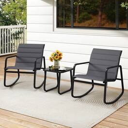 Gymax - 3PCS Outdoor Rocking Bistro Set w/Tempered Glass Table Soft Cushions for Garden - Black