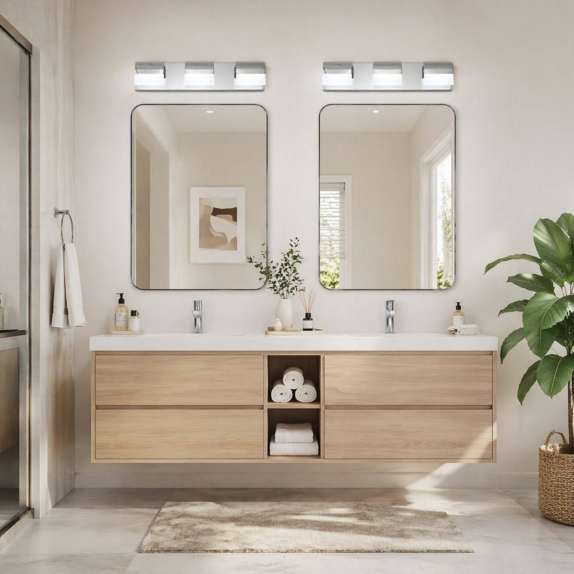 Left. RYHNUYNE - 3‑Light Chrome LED Bathroom Vanity Light,Modern Acrylic Wall Mount Vanity Mirror Light for Bathroom Mirror - Chrome.