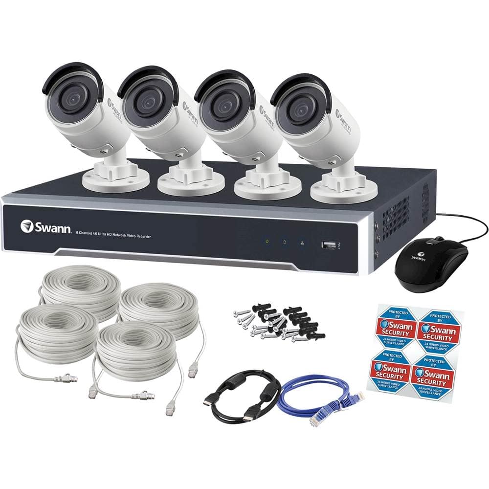 Front. Swann - 8-Channel, 4-Camera Indoor/Outdoor Wired 4TB DVR Surveillance System - Gray/white.