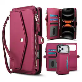 Dteck - Crossbody RFID Blocking Zipper Wallet Card For iPhone 17 Pro Handbag Magnetic Kickstand Wrist Strap Case - Red