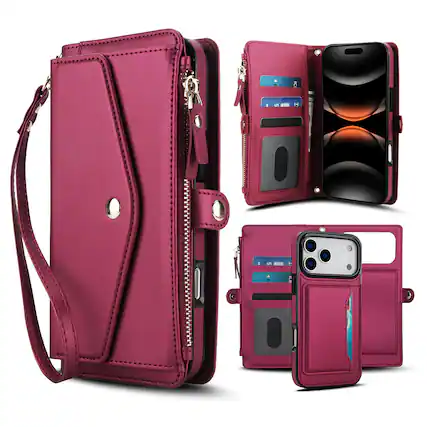 Front. Dteck - Crossbody RFID Blocking Zipper Wallet Card For iPhone 17 Pro Max Handbag Magnetic Kickstand Wrist Strap Case - Red.