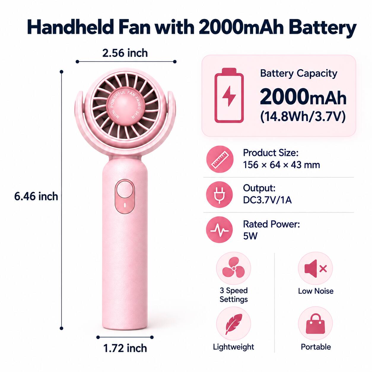 Handheld Fan with 2000mAh Battery

2.56 inch

Battery Capacity 2000mAh (14.8Wh/3.7V)

Product Size: 156 X 64 X 43 mm

6.46 inch

Output: DC3.7V/1A

Rated Power: 5W

3 Speed Settings

Low Noise

1.72 inch

Lightweight

Portable