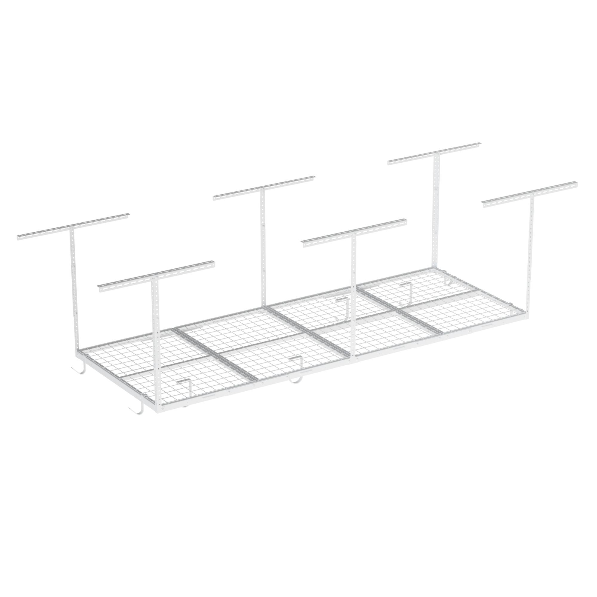 Angle. Fleximounts - OHK Series 36 in. W x 96 in. D x 22-40 in. H Ceiling Mounted Overhead Garage Storage Rack with Accessory Hooks - White.