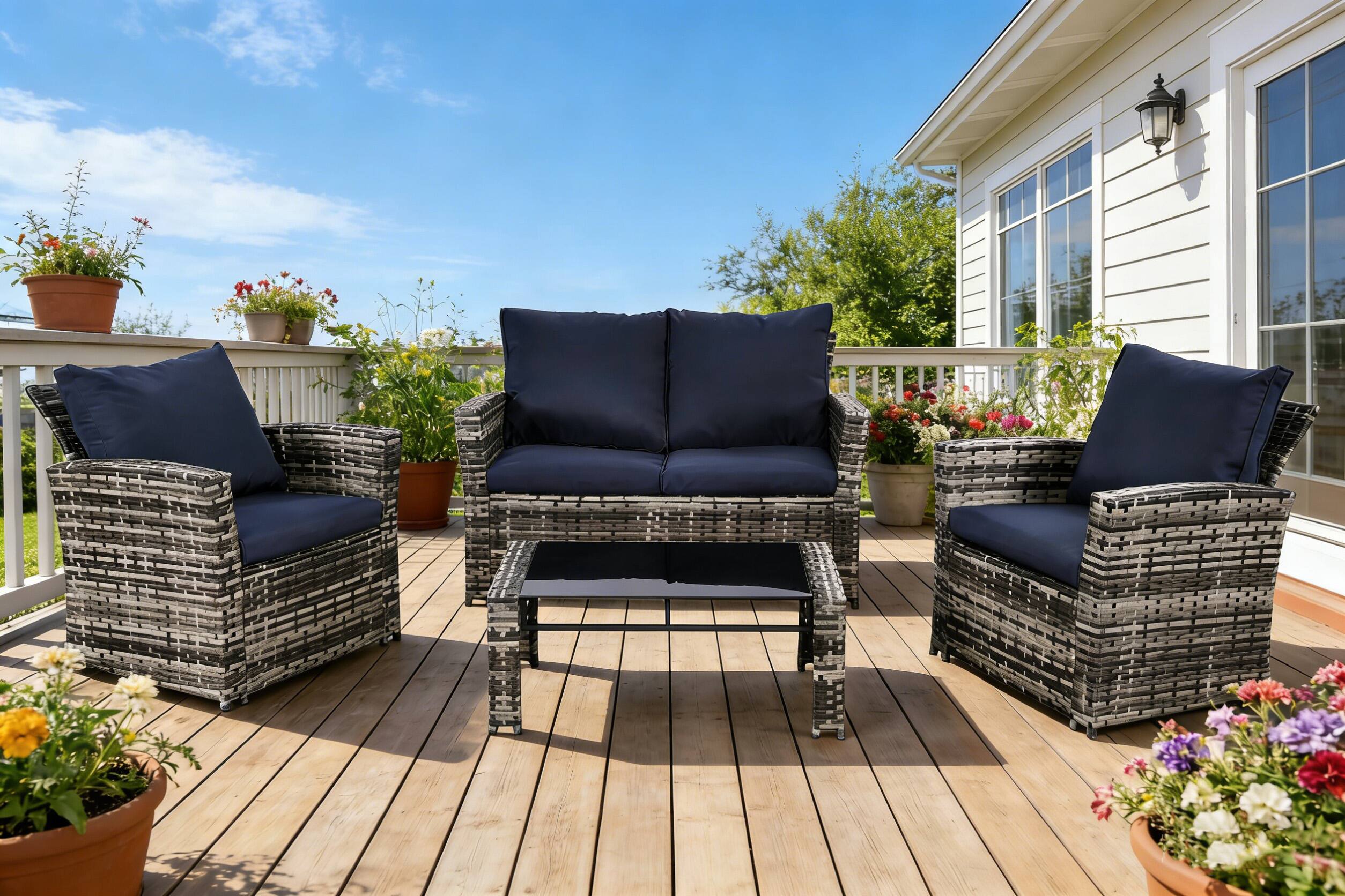 Left. Ainfox - Ainfox 4 Piece Outdoor Patio Furniture Sets, Wicker Conversation Sectional Set for Balcony Porch Backyard - bule.
