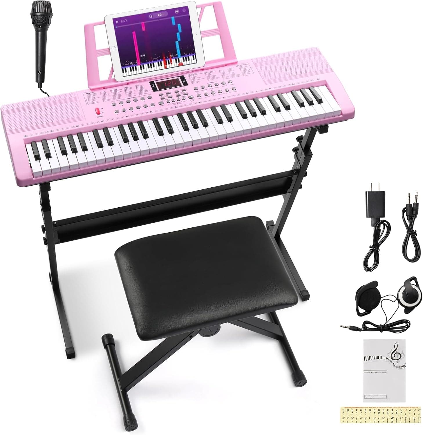 Winado - 61 Key Lighted Keyboard Piano Electric Keyboard, Electric Piano Set with Headphones, Microphone, Music Rest