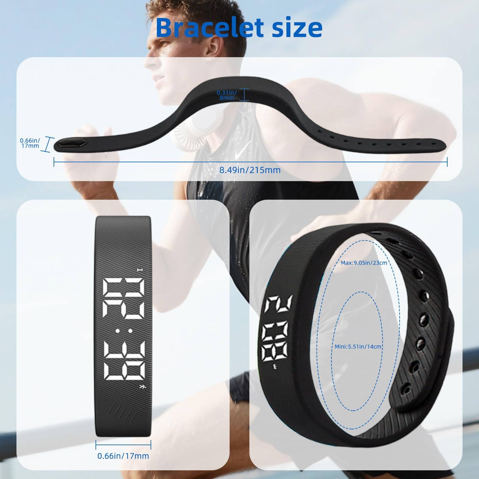 Bracelet size

0.31in/ 8mm
0.66in/ 17mm
8.49in/215mm

Max: 9.05in/23cm
Mini: 5.51in/14cm