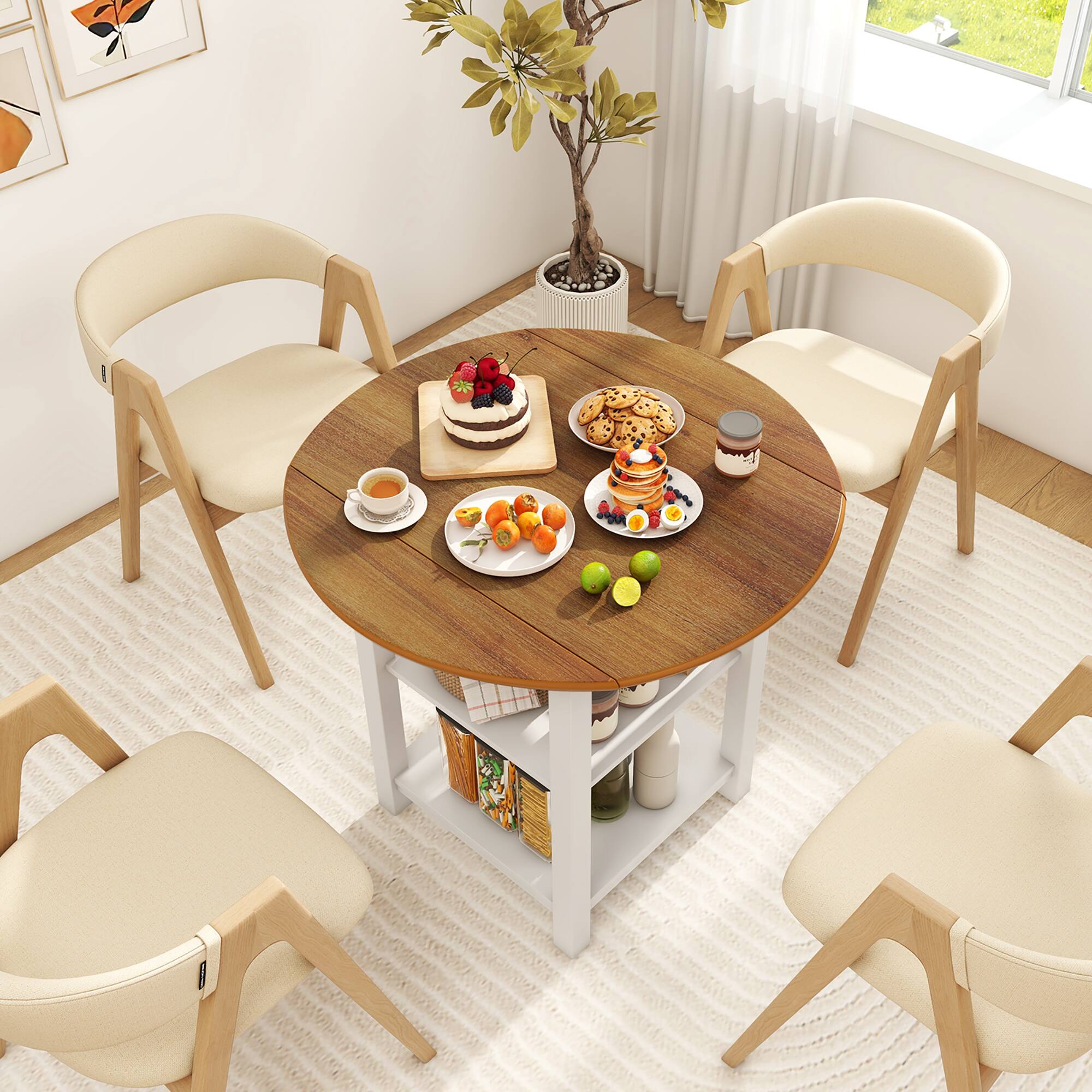 Alt View 1. Gymax - Gymax Folding Round Dining Table Drop Leaf Table w/ 2 Shelves for Small Spaces - White, Natural.