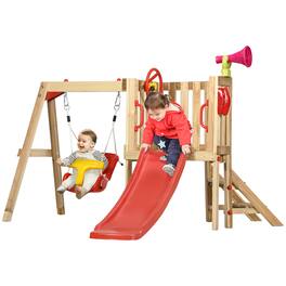 Outsunny - 4 in 1 Wooden Swing Set, Outdoor Playset, Baby Swing Seat, Toddler Slide, Captain's Wheel, Horn, Backyard