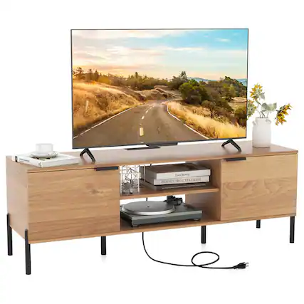 Front. Ecooso - 2-Door TV Stand for 65 Inch TVs with Charging Station and Open Storage Shelves - Natural.