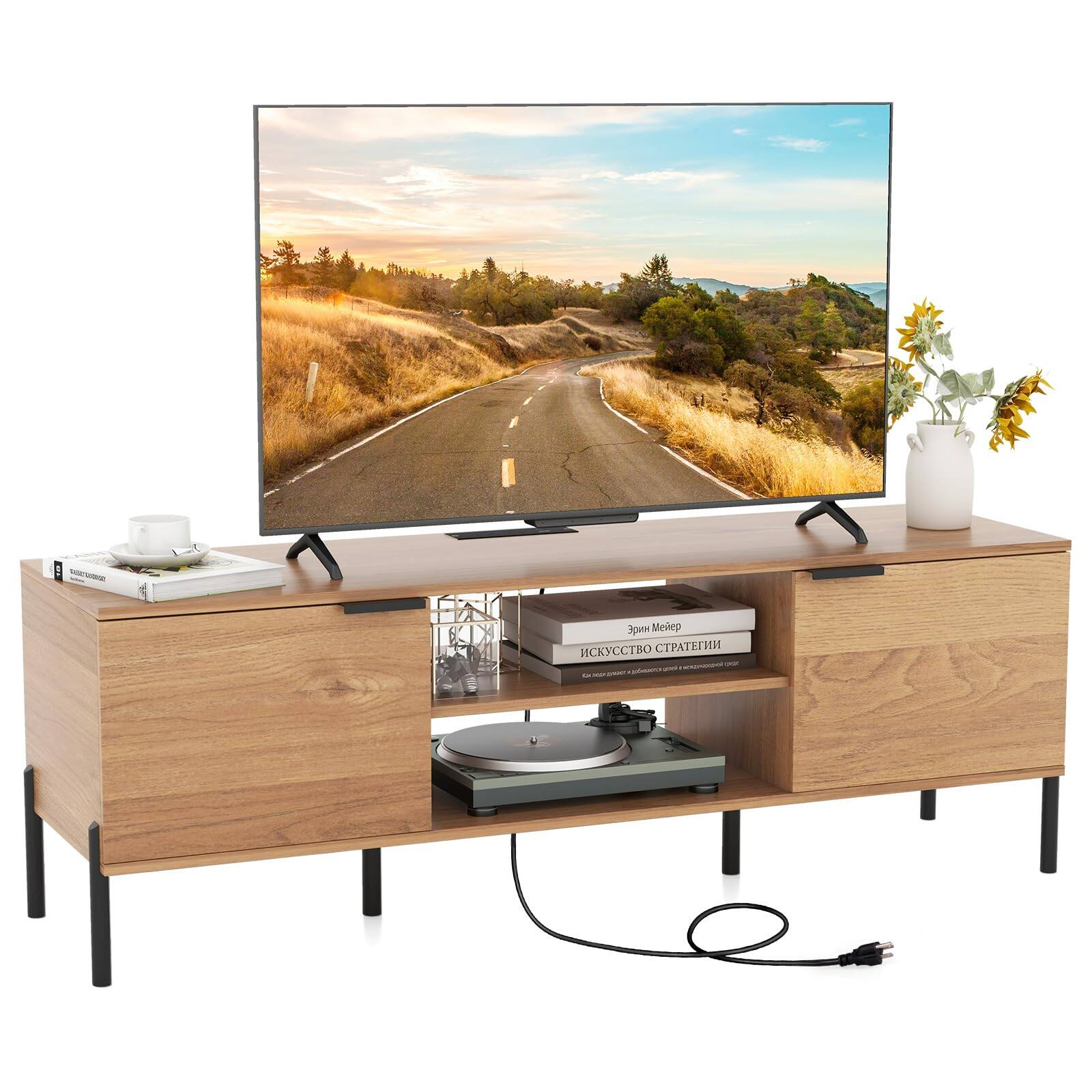 Front. Ecooso - 2-Door TV Stand for 65 Inch TVs with Charging Station and Open Storage Shelves - Natural.