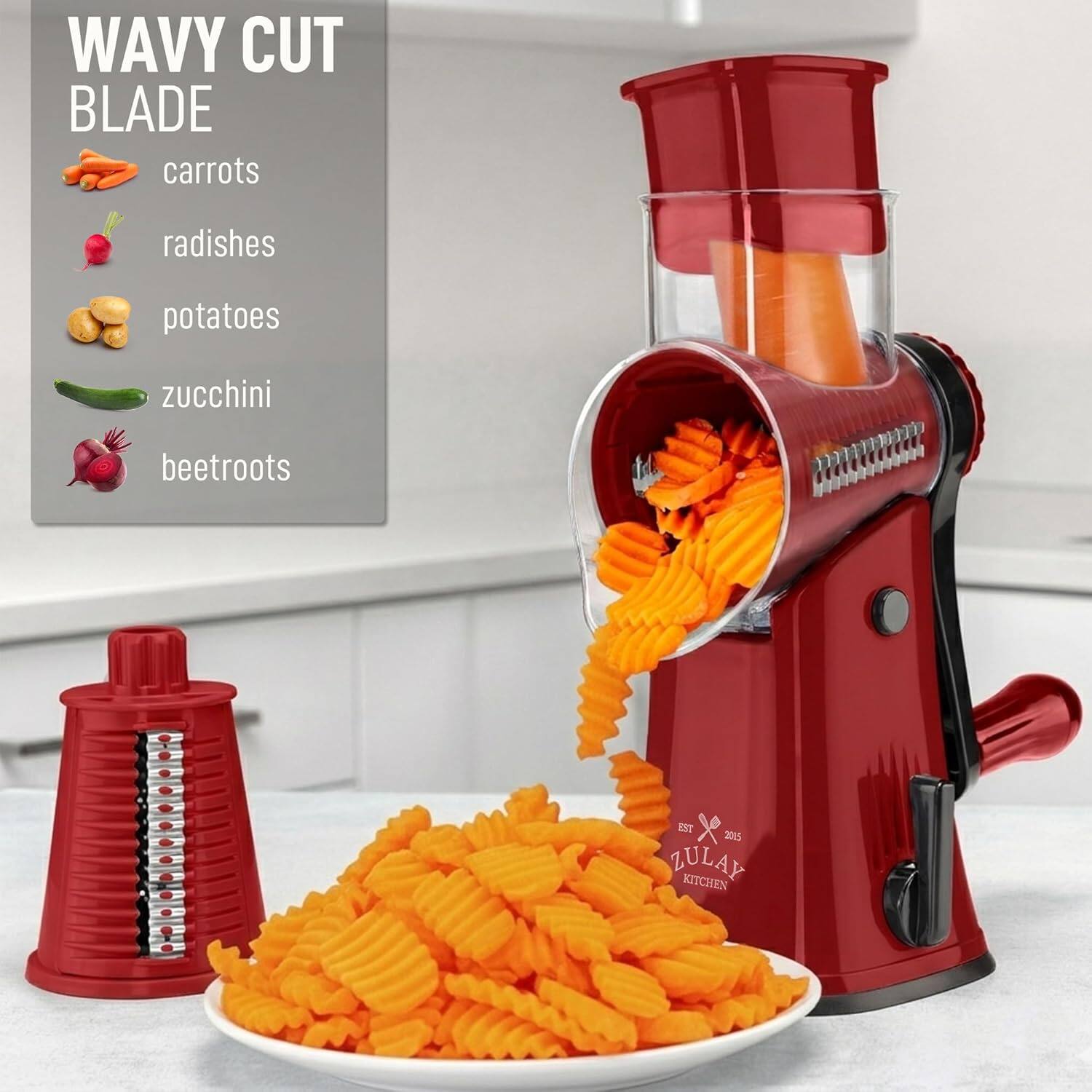 WAVY CUT BLADE

- carrots
- radishes
- potatoes
- zucchini
- beetroots

EST 2015 ZULAY KITCHEN