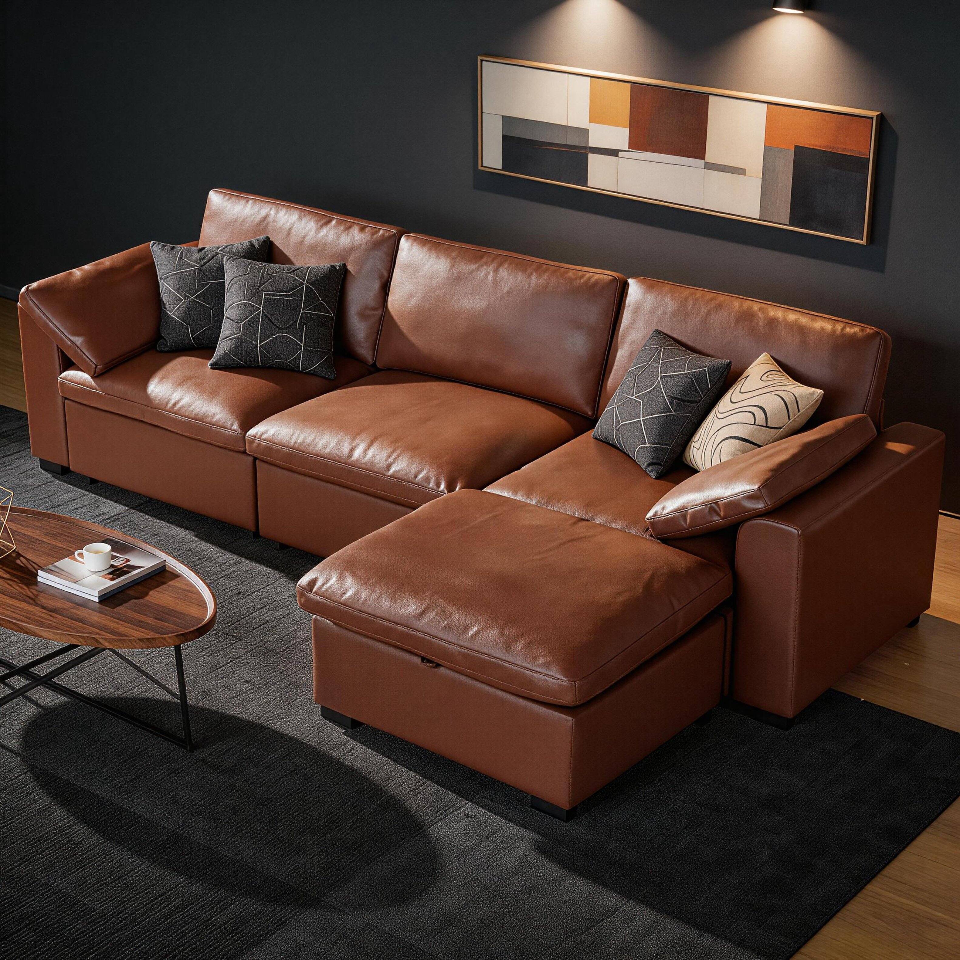 Alt View 4. Dyonery - 120" Modular Sectional Sofa, L Shaped Couch with Storage Ottoman, Solid Wood Frame, Tool Free, Faux Leather Brown - Brown.