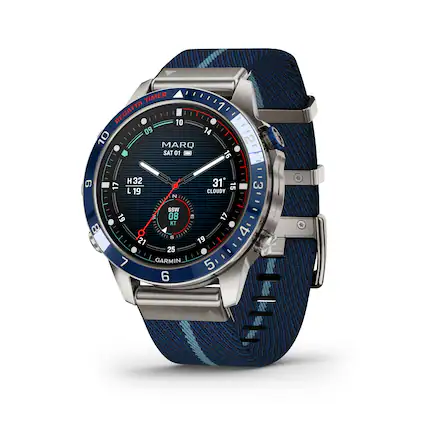 The image features a watch with a blue and silver band, displaying the time as 10:09. The watch is a Garmin brand, and it is equipped with a timer and a regatta timer. The timer is set to 10:09, and the regatta timer is set to 31:17. The watch is also displaying the date of Saturday, March 19th. The watch face is blue and white, and the band is blue and silver.