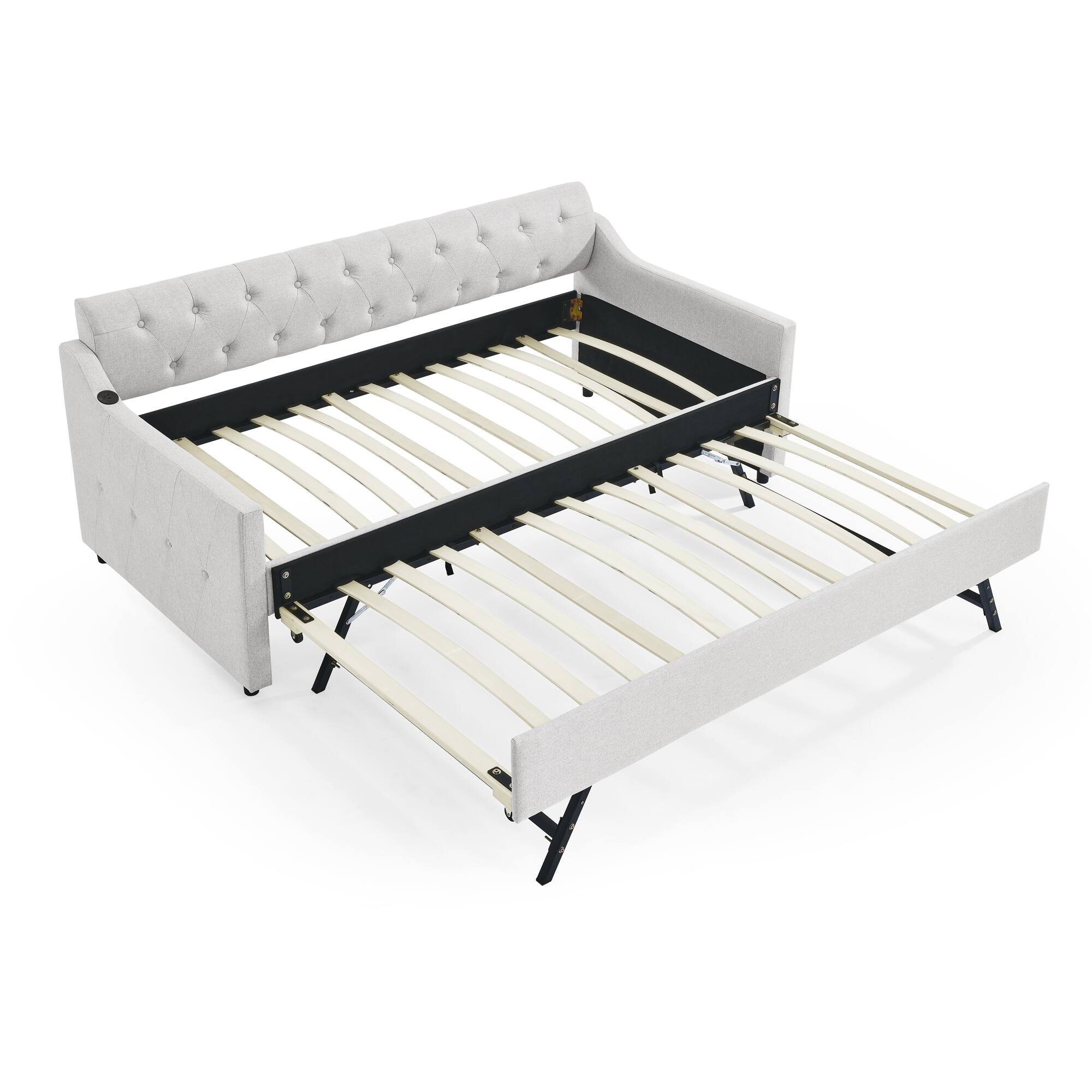 Alt View 1. Tiramisubest - Twin Size Upholstery DayBed with Twin Size Erectable Trundle and USB Charging Design, Linen Beige - Beige.