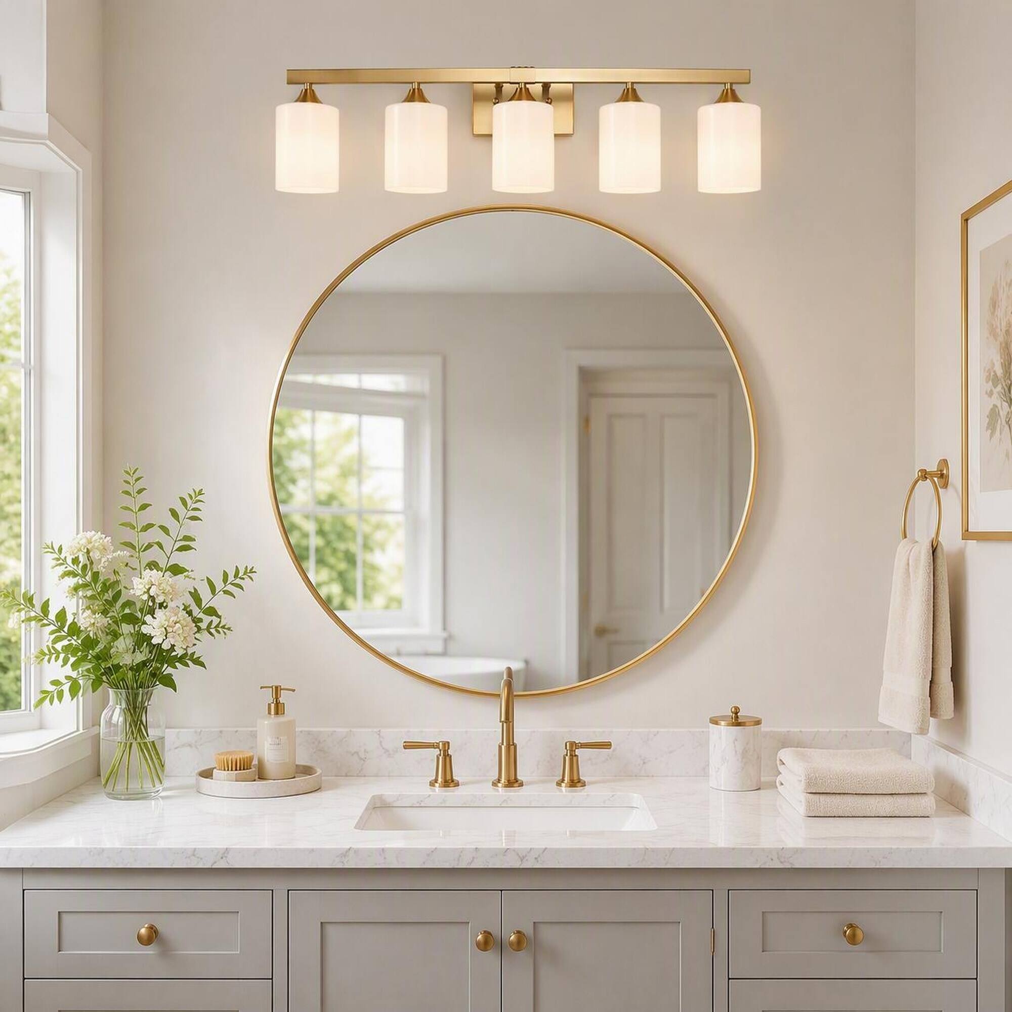 Angle. RYHNUYNE - 5-Light Brushed Gold Vanity Light Bar with Frosted Glass Shades for Bathroom, Bedroom, and Hallway.