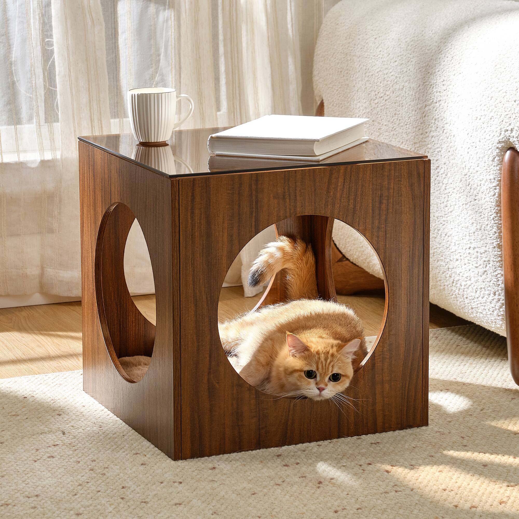 Front. Eureka Ergonomic - Side Table with Integrated Cat Bed & Tempered Glass Top - Red.