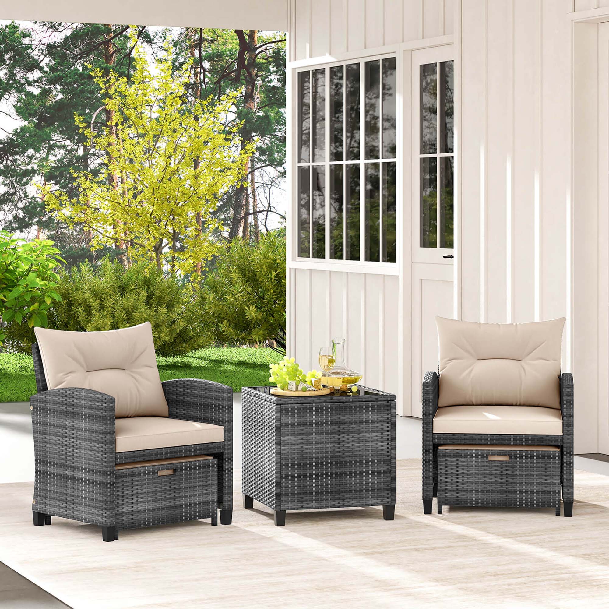 Alt View 3. Costway - Costway 5 PCS Patio Rattan Furniture with 2 Ottomans & Tempered Glass Coffee Table - Beige.