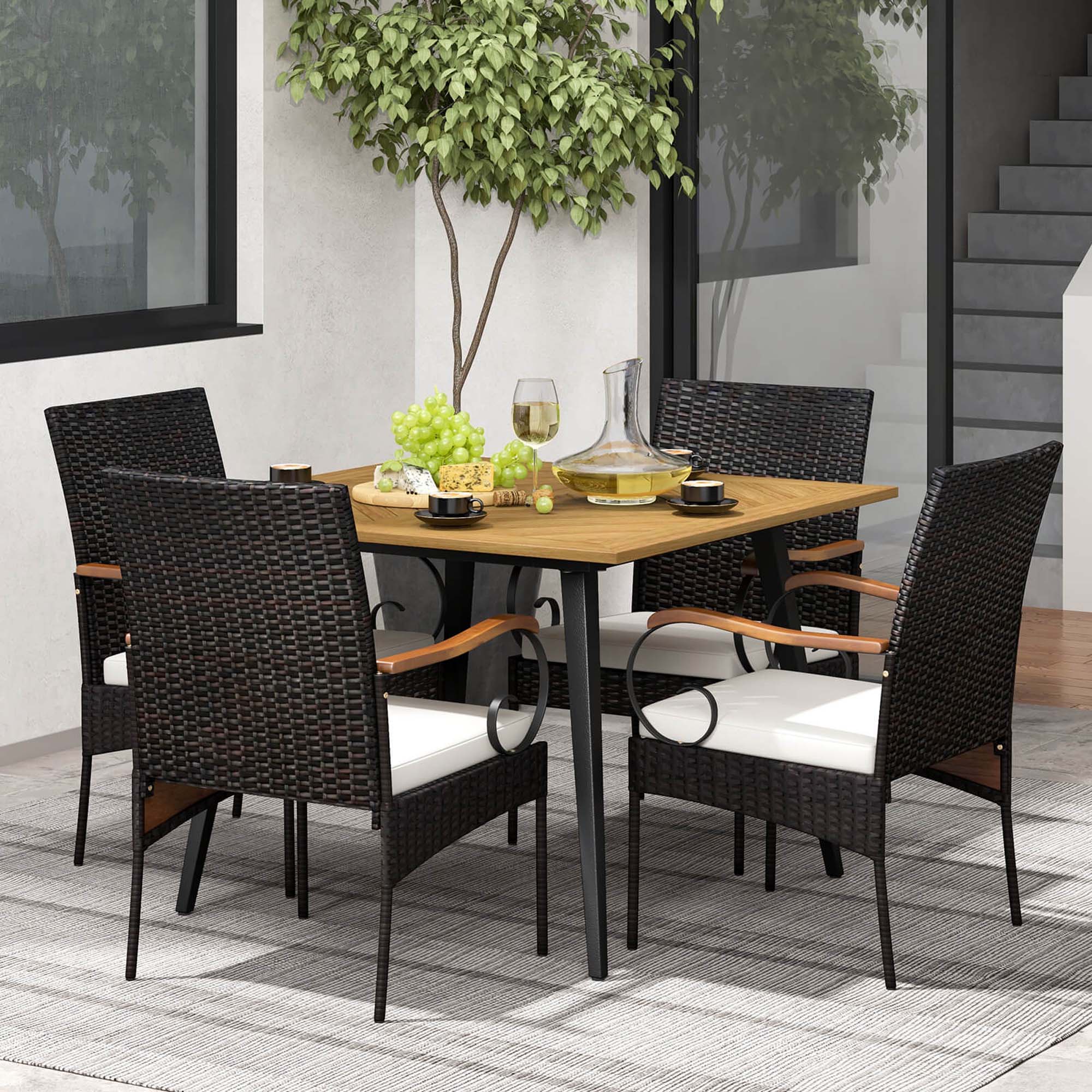Alt View 1. Costway - 5 PCS Patio PE Wicker Dining Set Table and Chairs with Cushions 1.9" Umbrella Hole - Mix Brown + Off White.