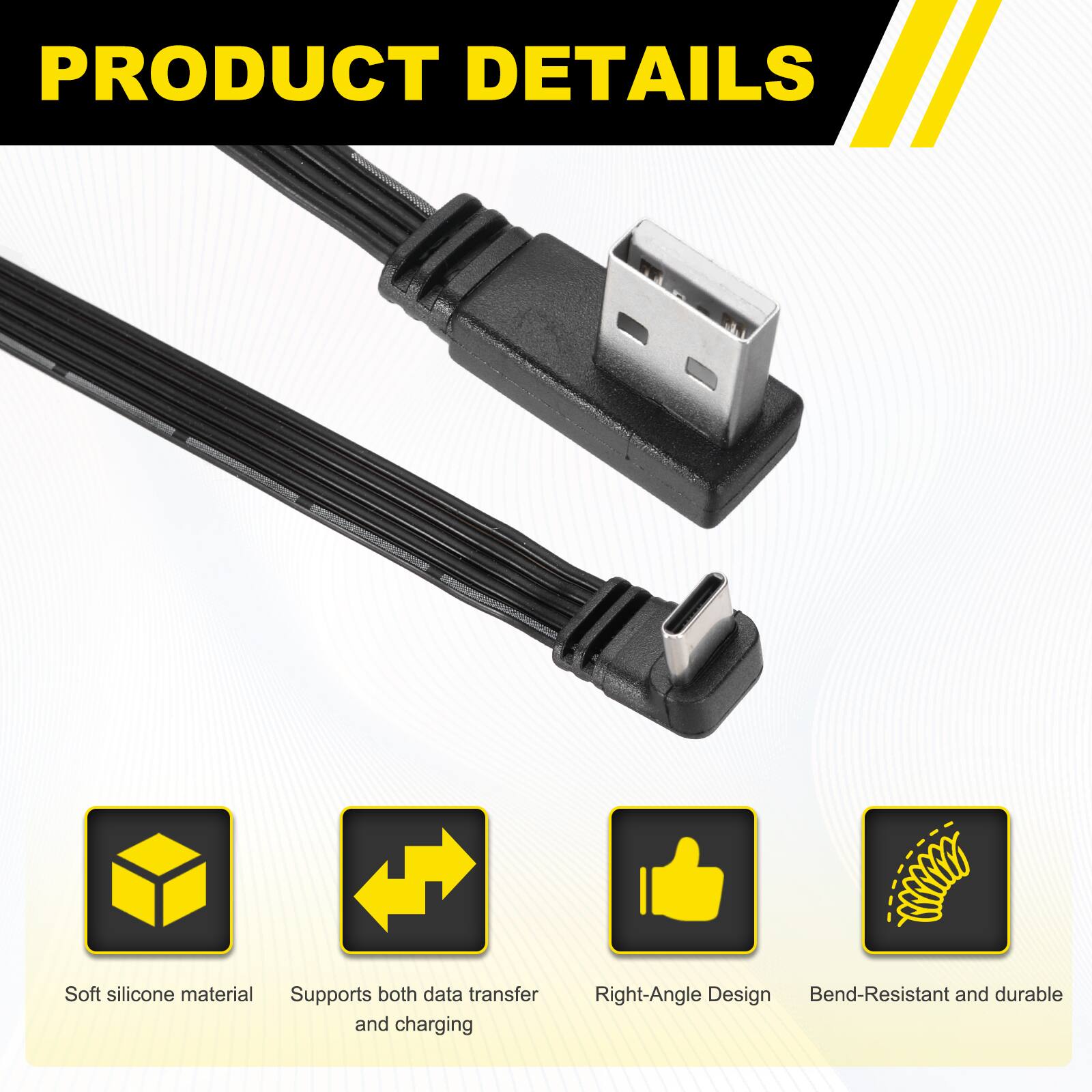 PRODUCT DETAILS

- Soft silicone material
- Supports both data transfer and charging
- Right-Angle Design
- Bend-Resistant and durable
