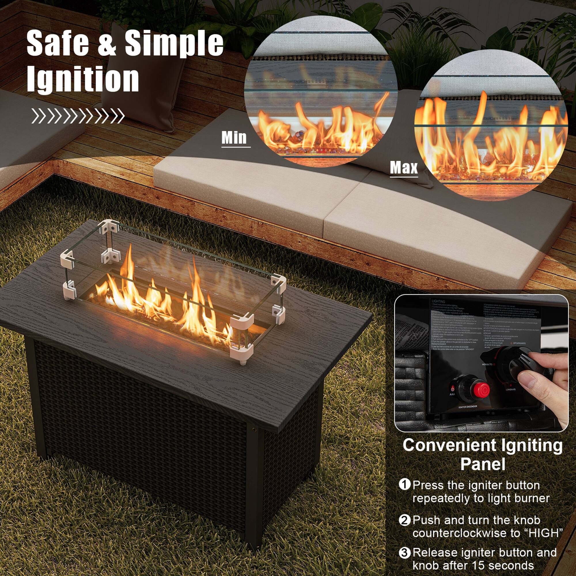 Safe & Simple Ignition

Min Max

Convenient Igniting Panel

1. Press the igniter button repeatedly to light burner
2. Push and turn the knob counterclockwise to "HIGH"
3. Release igniter button and knob after 15 seconds