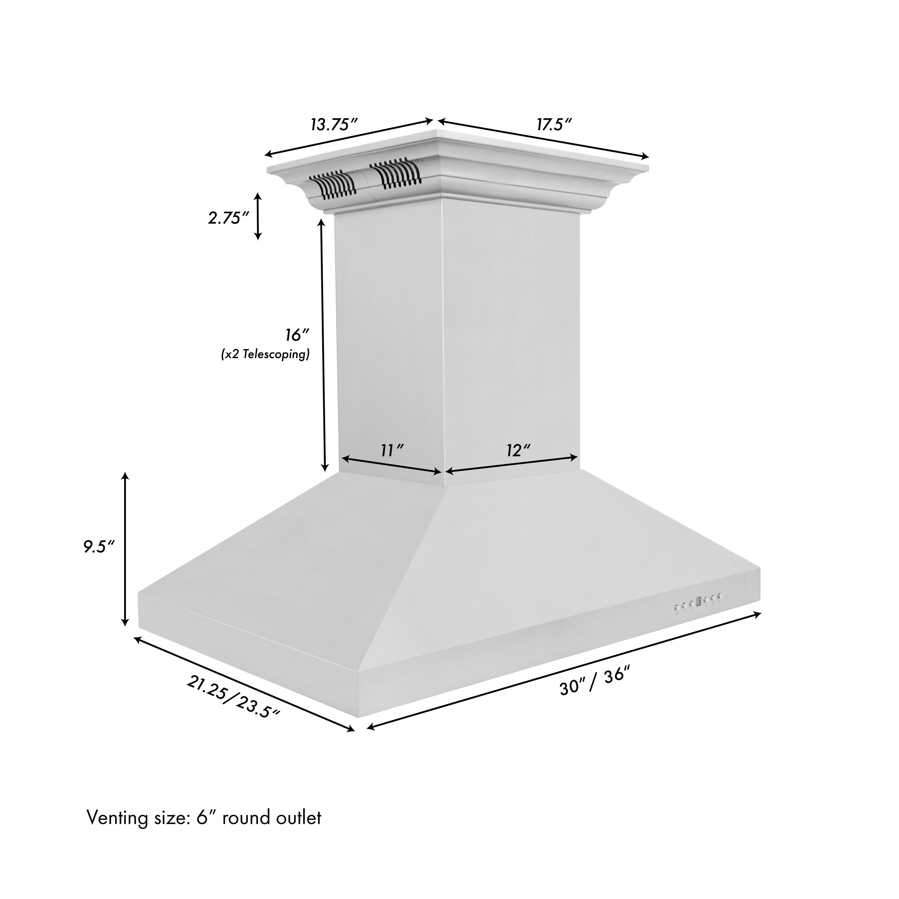 13.75" 17.5" 2.75" 16" (x2 Telescoping) 11" 12" 9.5" 21.25/23.5" 30"/36" 36" 30" Venting size: 6" round outlet