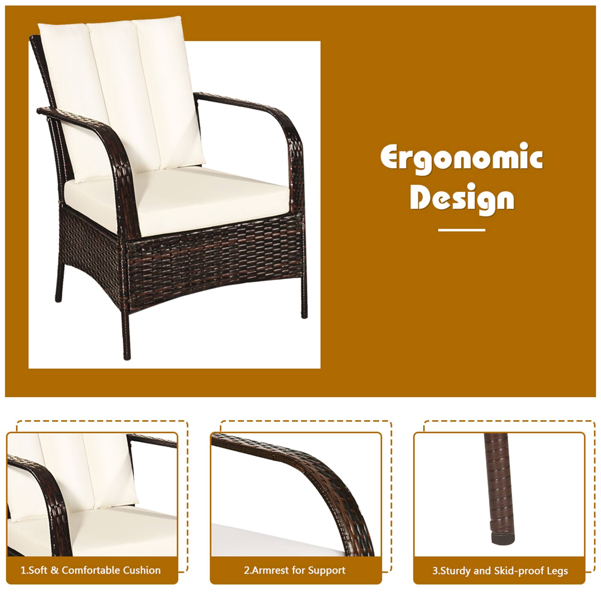 Ergonomic Design

1. Soft & Comfortable Cushion
2. Armrest for Support
3. Sturdy and Skid-proof Legs