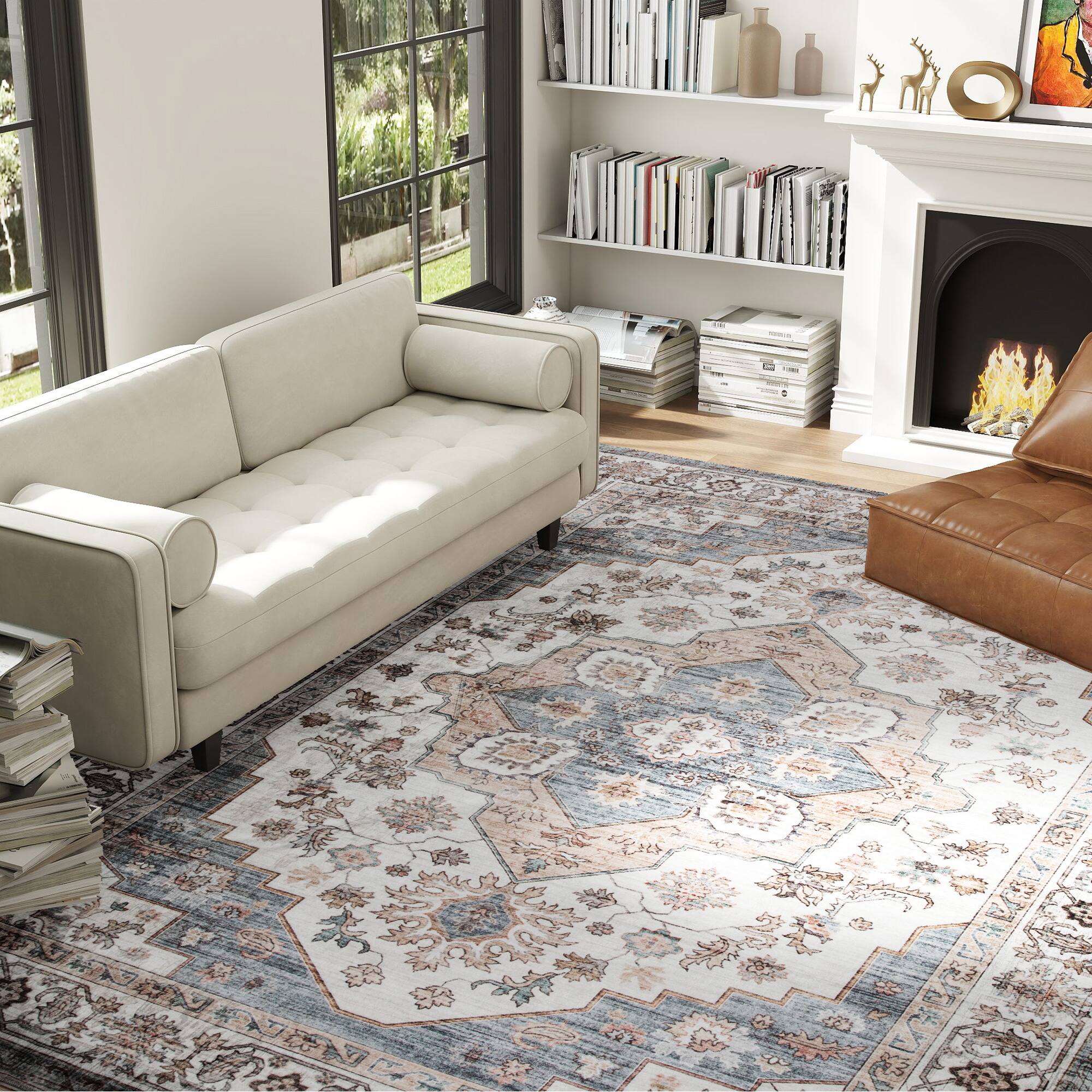 Alt View 2. Homcom - HOMCOM 8x10 Vintage Rug: Mach-Wash Non-Slip Light Blue Distressed, Indoor Boho Carpet - Brown and Light Blue.