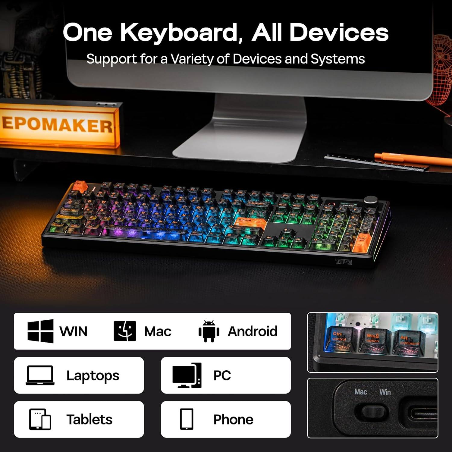 One Keyboard, All Devices  
Support for a Variety of Devices and Systems  

WIN  
Mac  
Android  

Laptops  
PC  
Tablets  
Phone