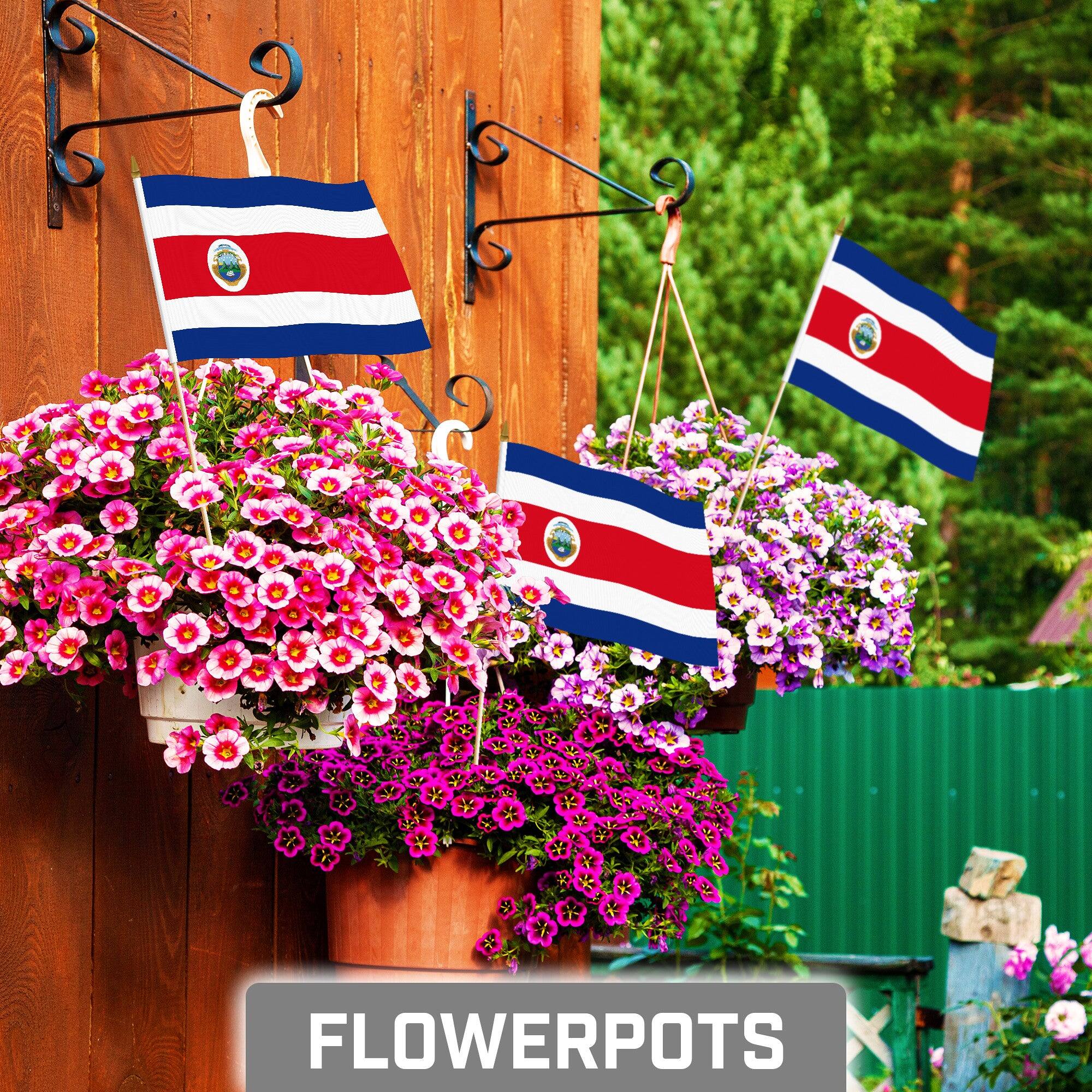 Angle. G128 - 50-Pack Handheld Costa Rica Stick Flags, 8 x 12 in, 150D Polyester, Wooden Stick with Gold Spear Tip. - Assorted Colors.