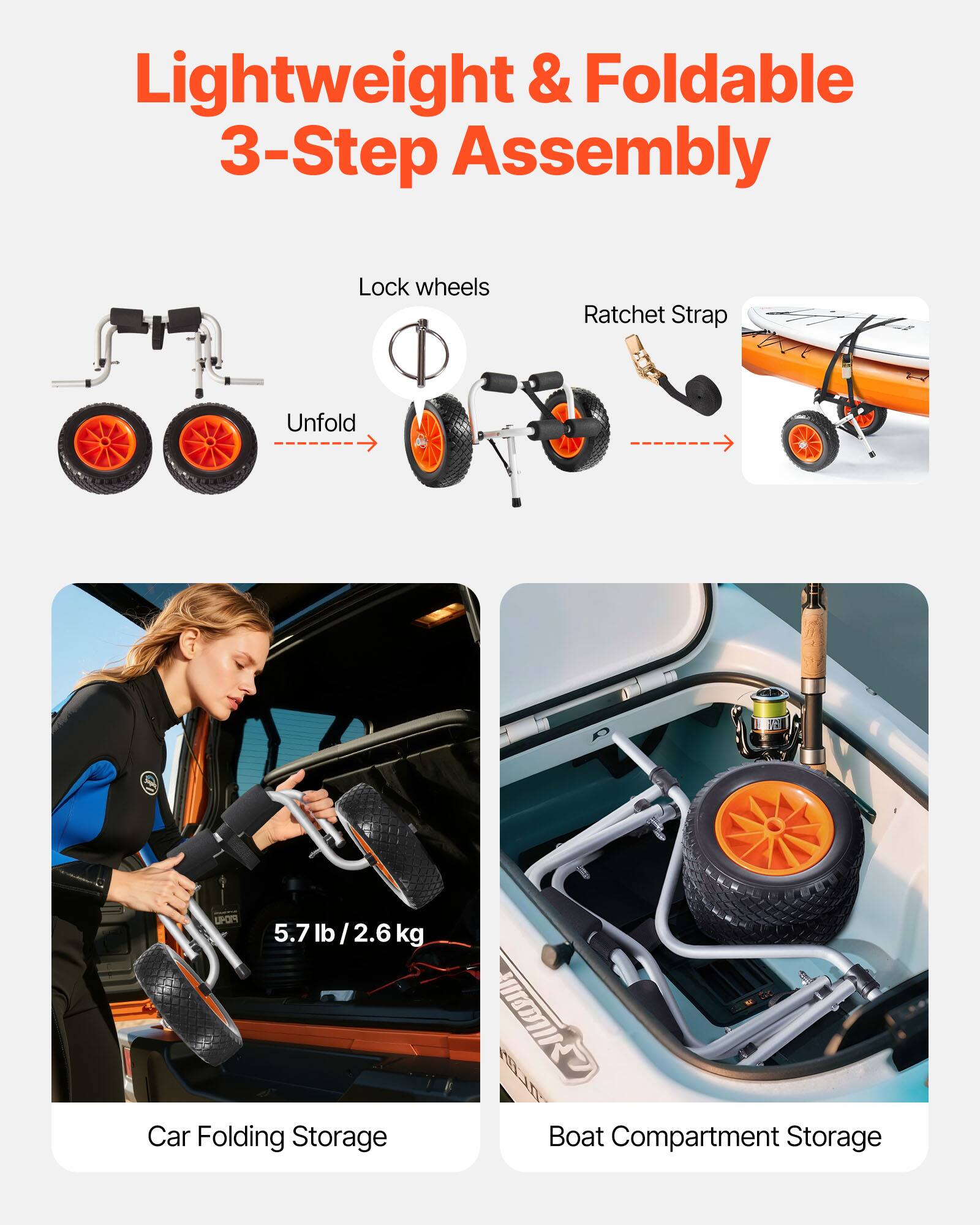 Lightweight & Foldable 3-Step Assembly  
Lock wheels  
Ratchet Strap  
Unfold  

5.7 lb / 2.6 kg  

Car Folding Storage  
Boat Compartment Storage
