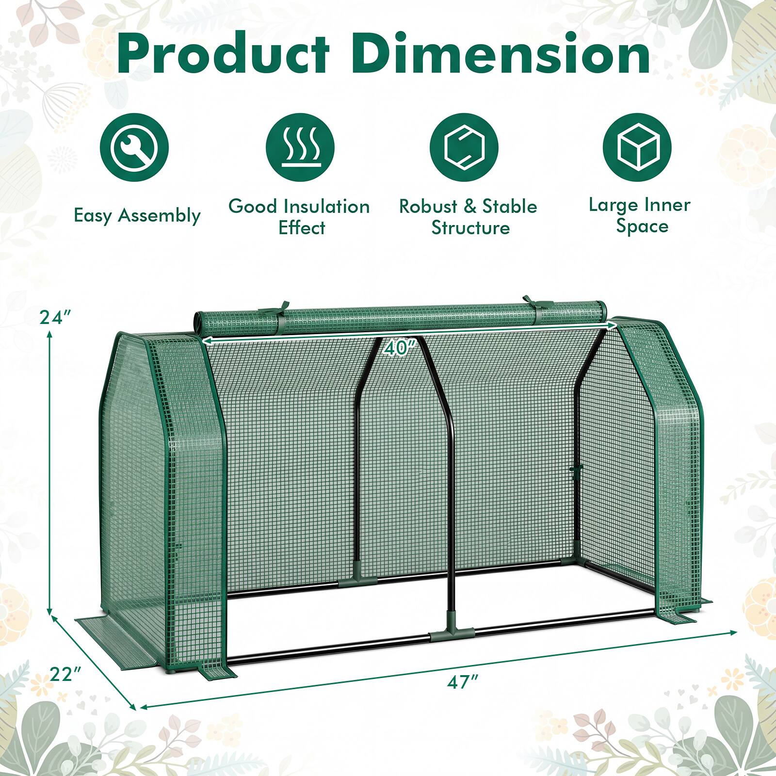 Product Dimension

- Good Insulation Effect
- Robust & Stable Structure
- Easy Assembly
- Large Inner Space

Dimensions:
- 24" (height)
- 40" (width)
- 22" (depth)
- 47" (length)